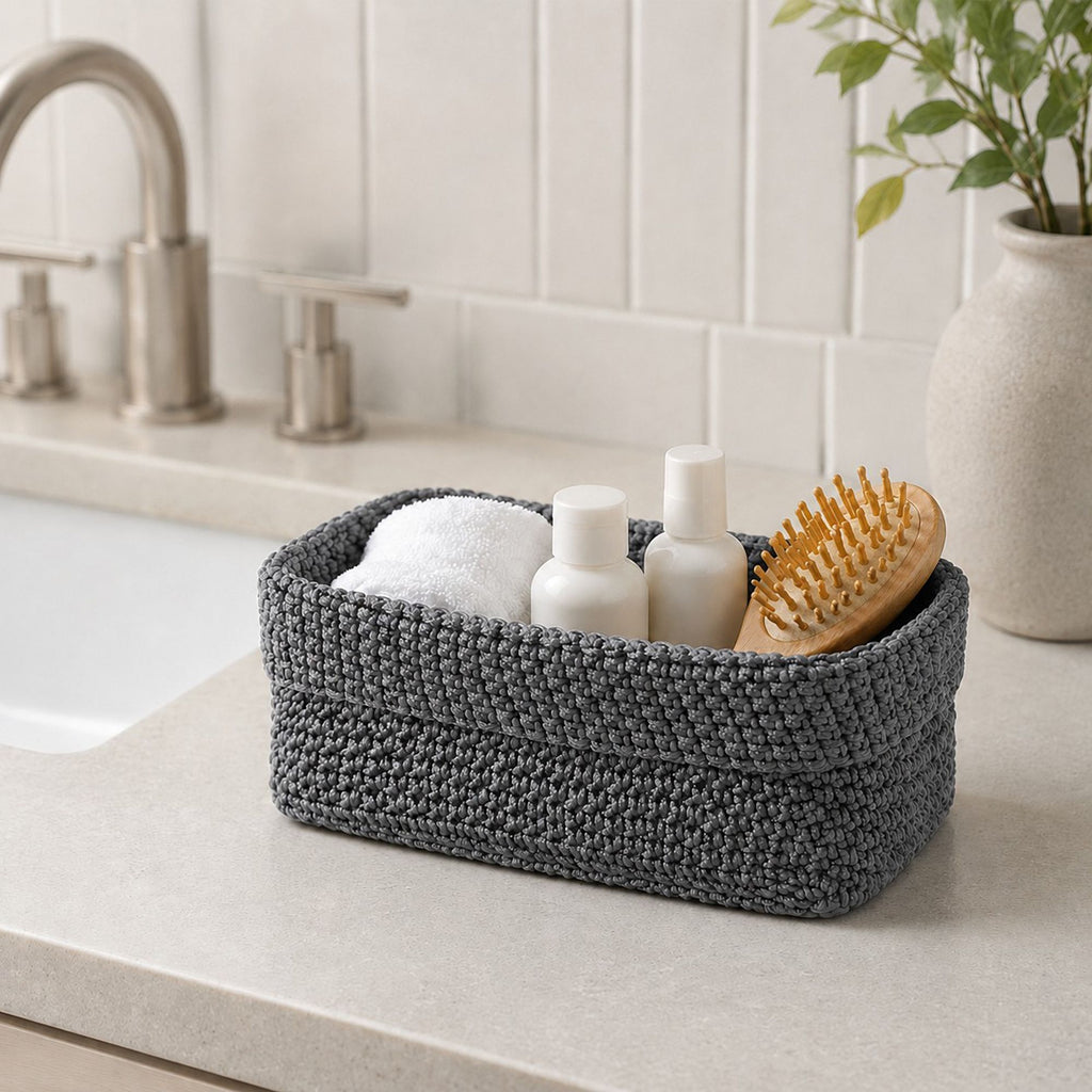Rectangular Woven Storage Basket Foldover Rim Desktop Organizer Bin