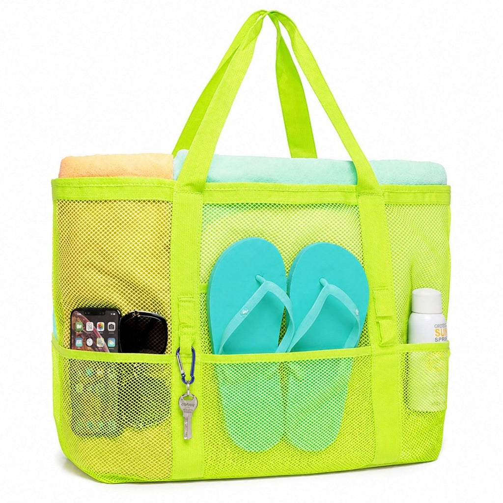 Mesh Beach Tote Bag Large Capacity Travel Shoulder Bag with Exterior Pockets Zipper Top Organizer