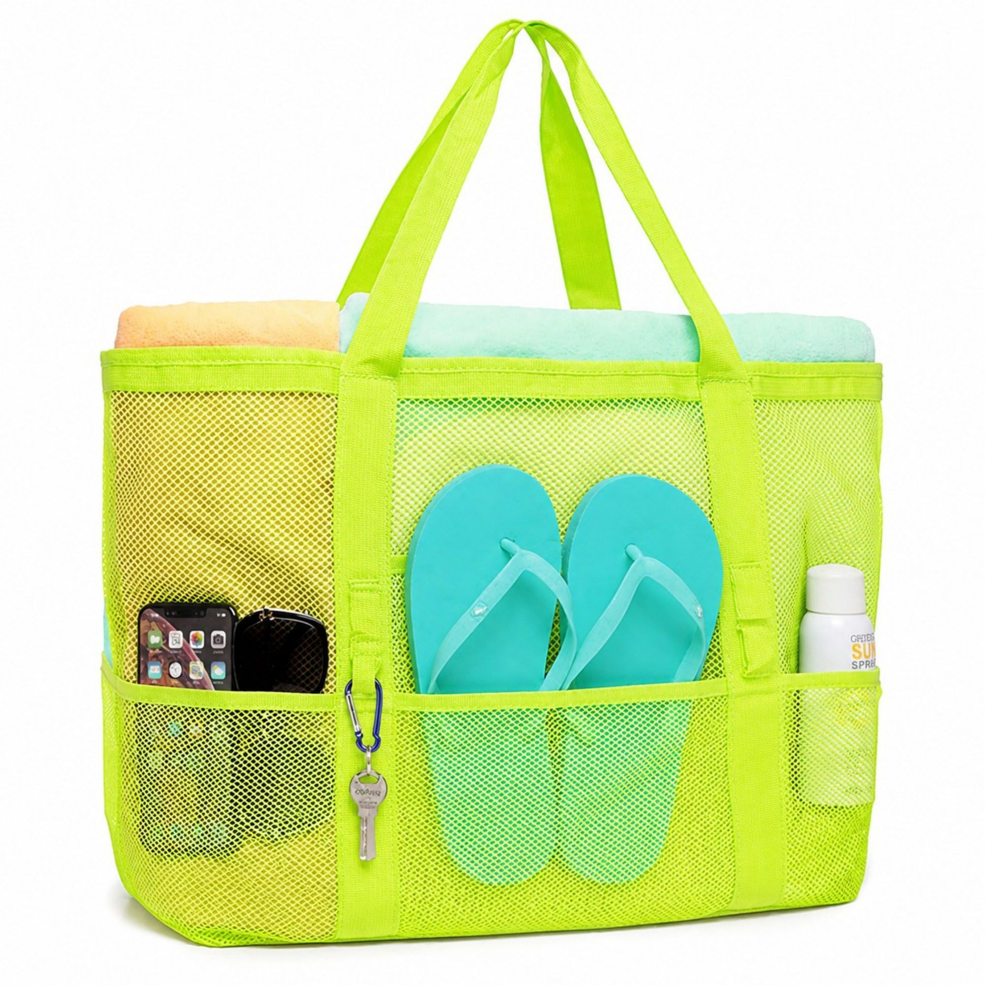 Mesh Beach Tote Bag Large Capacity Travel Shoulder Bag with Exterior Pockets Zipper Top Organizer