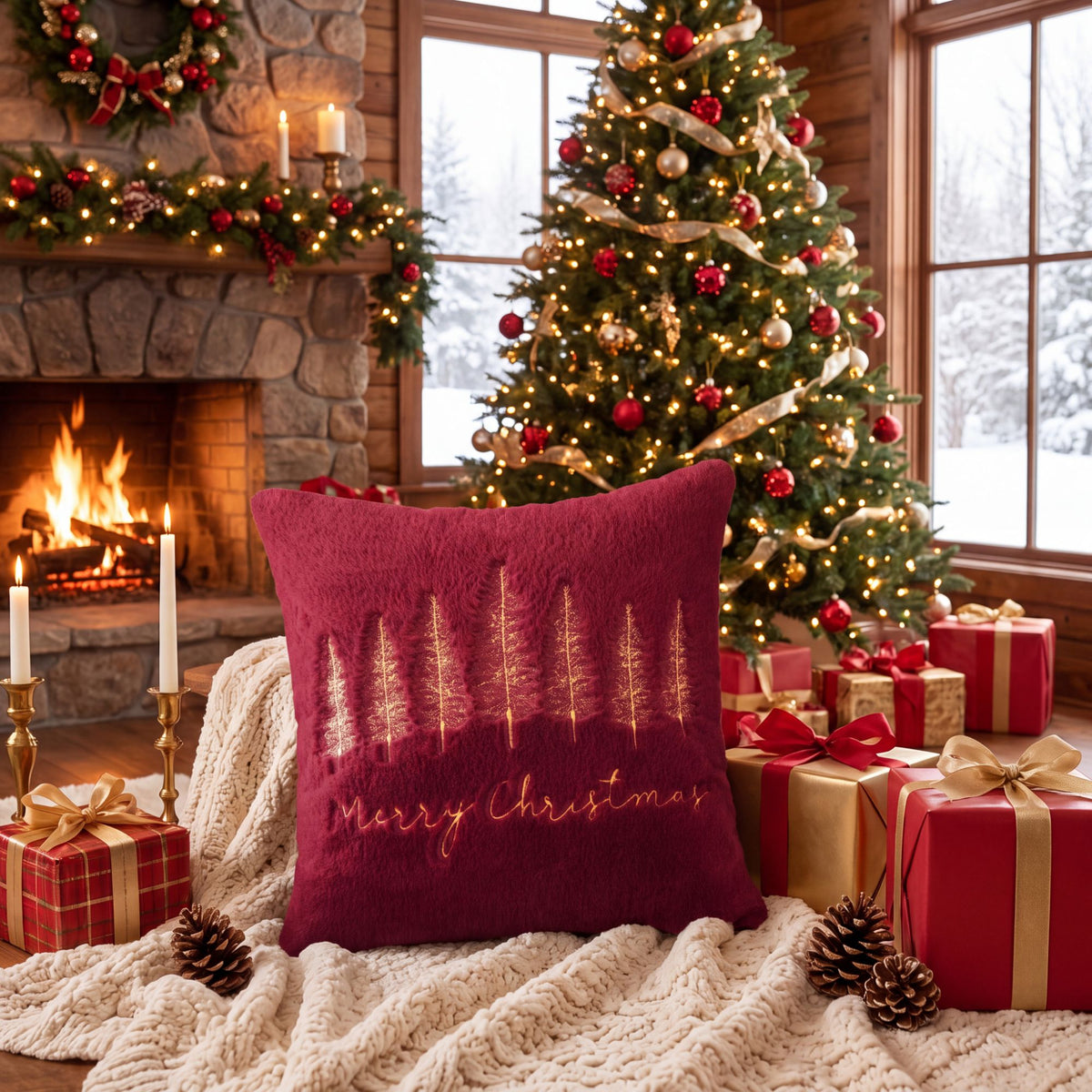 Christmas Tree Embroidered Plush Throw Pillow Cover Merry Christmas Decor