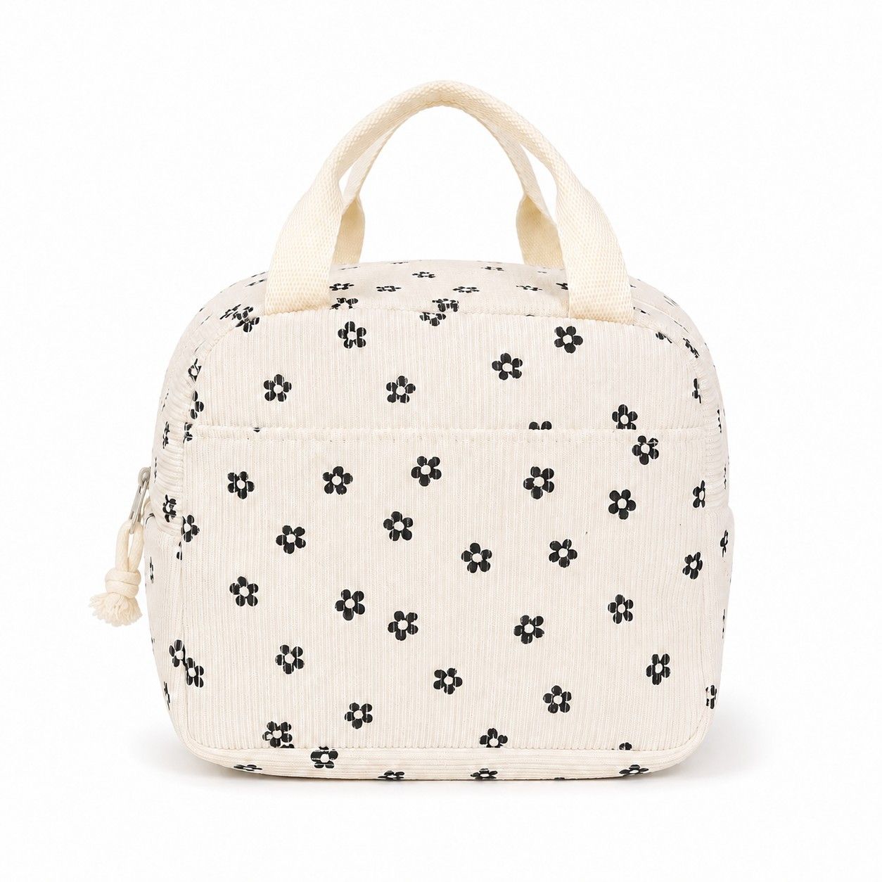 Floral Corduroy Insulated Lunch Tote Bag with Front Pocket and Zip Closure