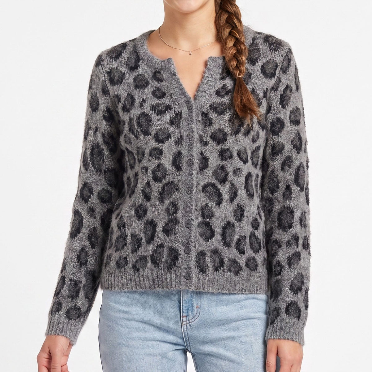 Fuzzy Leopard Print Button Front Cardigan Sweater