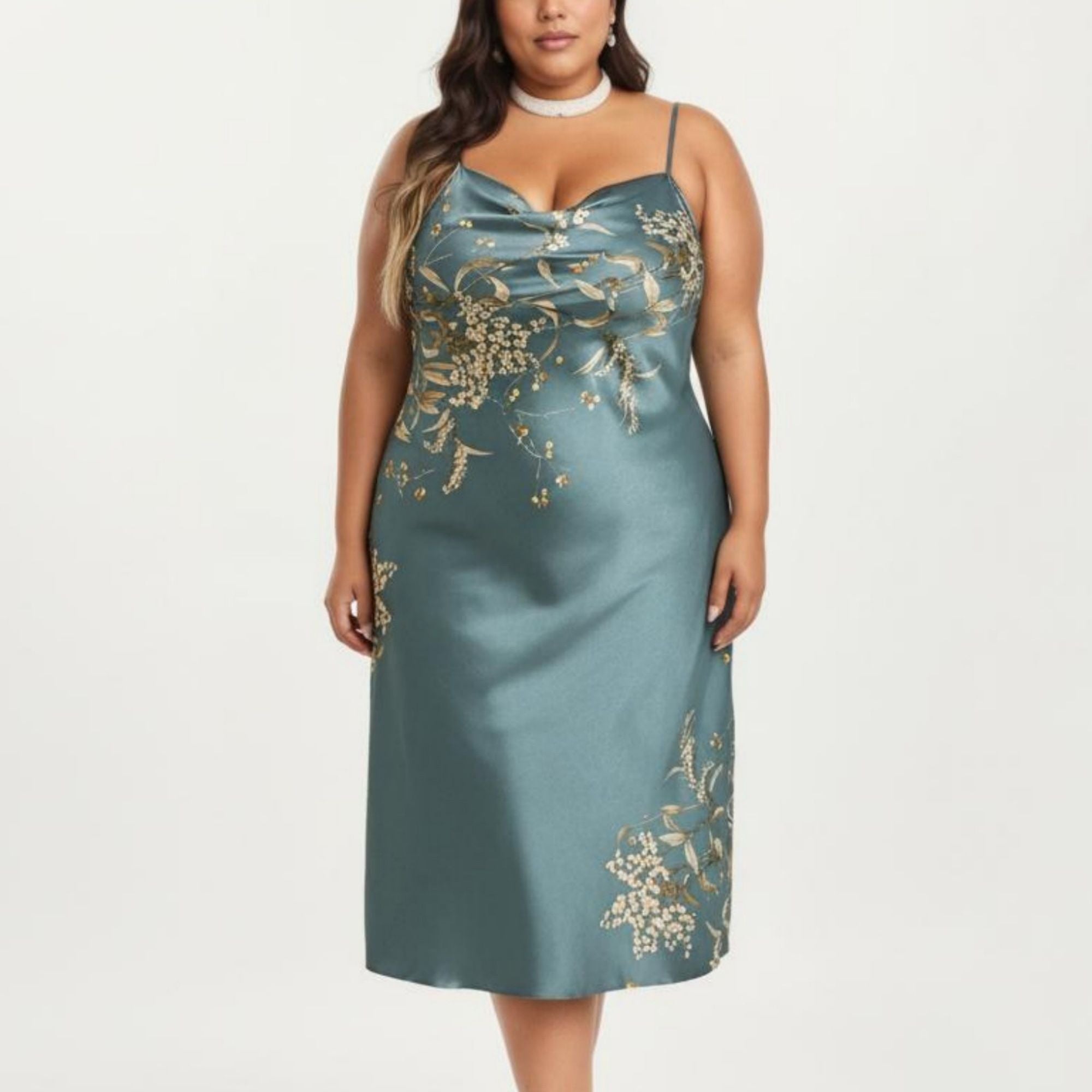 Anna-Kaci Lounge Women's Plus Size Satin Floral Slip Nightgown with Adjustable Spaghetti Straps Cowl Neck Midi Length Sleepwear Dress
