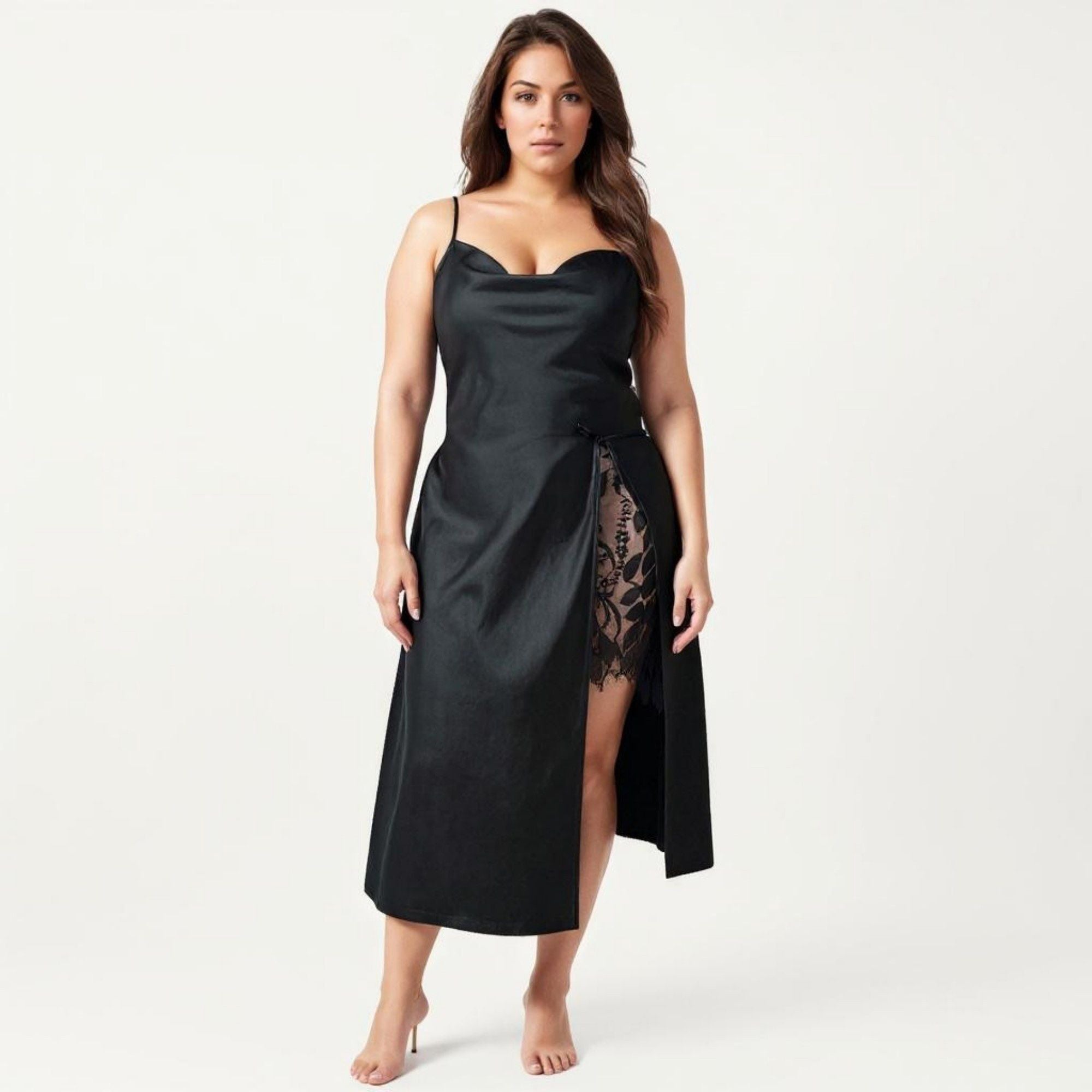 Anna-Kaci Lounge Women's Plus Size Satin Wrap Nightgown with Lace Trim Adjustable Spaghetti Straps Side Tie Midi Length Sleepwear Dress