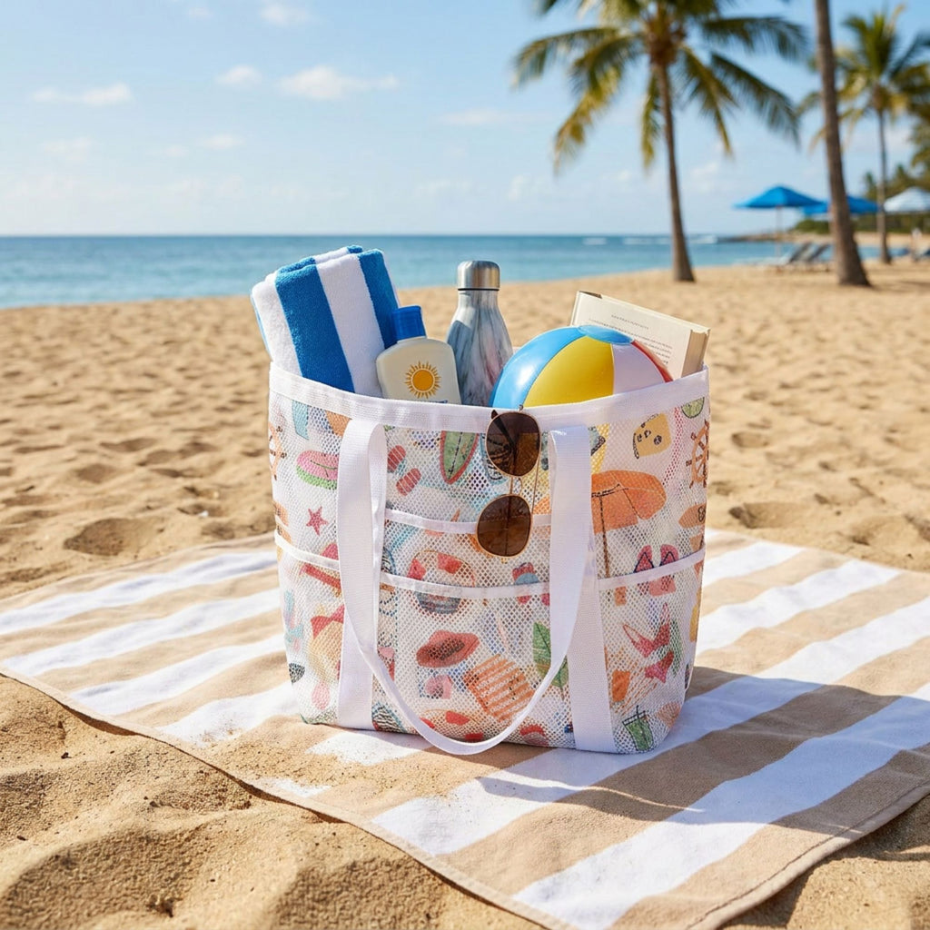 Mesh Beach Tote Bag with Beach Themed Print and Shoulder Handles