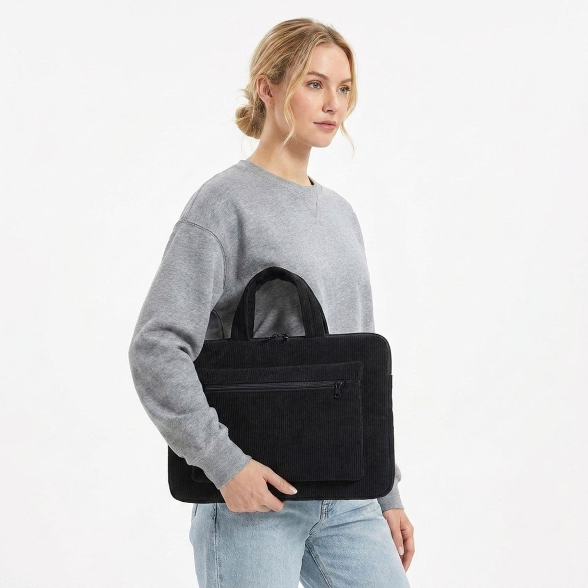 Corduroy Laptop Bag Large Capacity Work Tote with Front Zipper Pocket