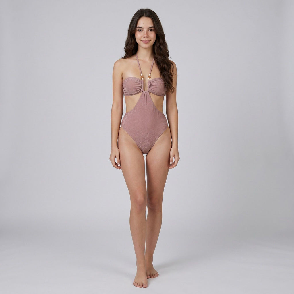 Shimmer Halter Cutout One Piece Swimsuit with Beaded Strap Detail Ruched Bust and High Cut Leg