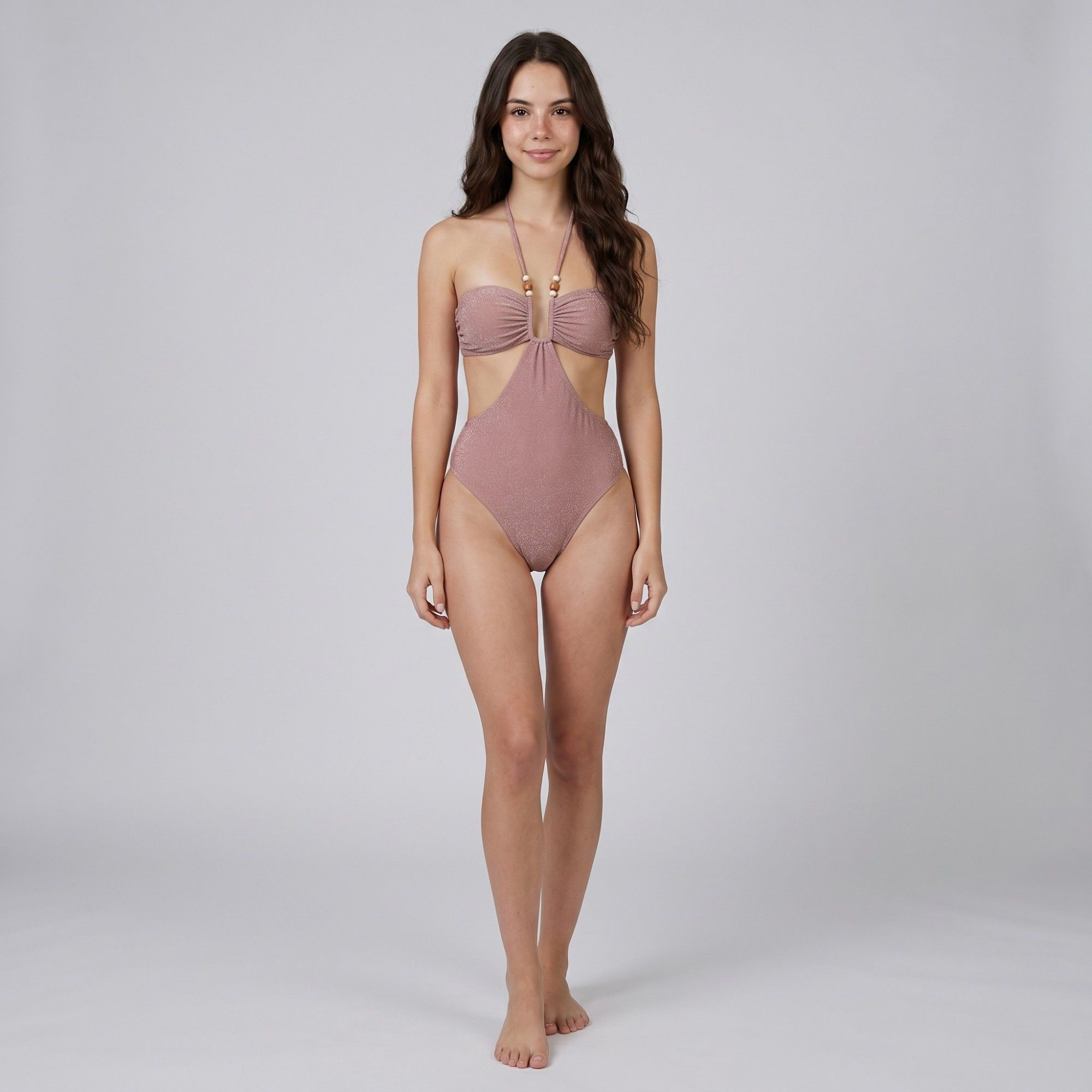 Shimmer Halter Cutout One Piece Swimsuit with Beaded Strap Detail Ruched Bust and High Cut Leg