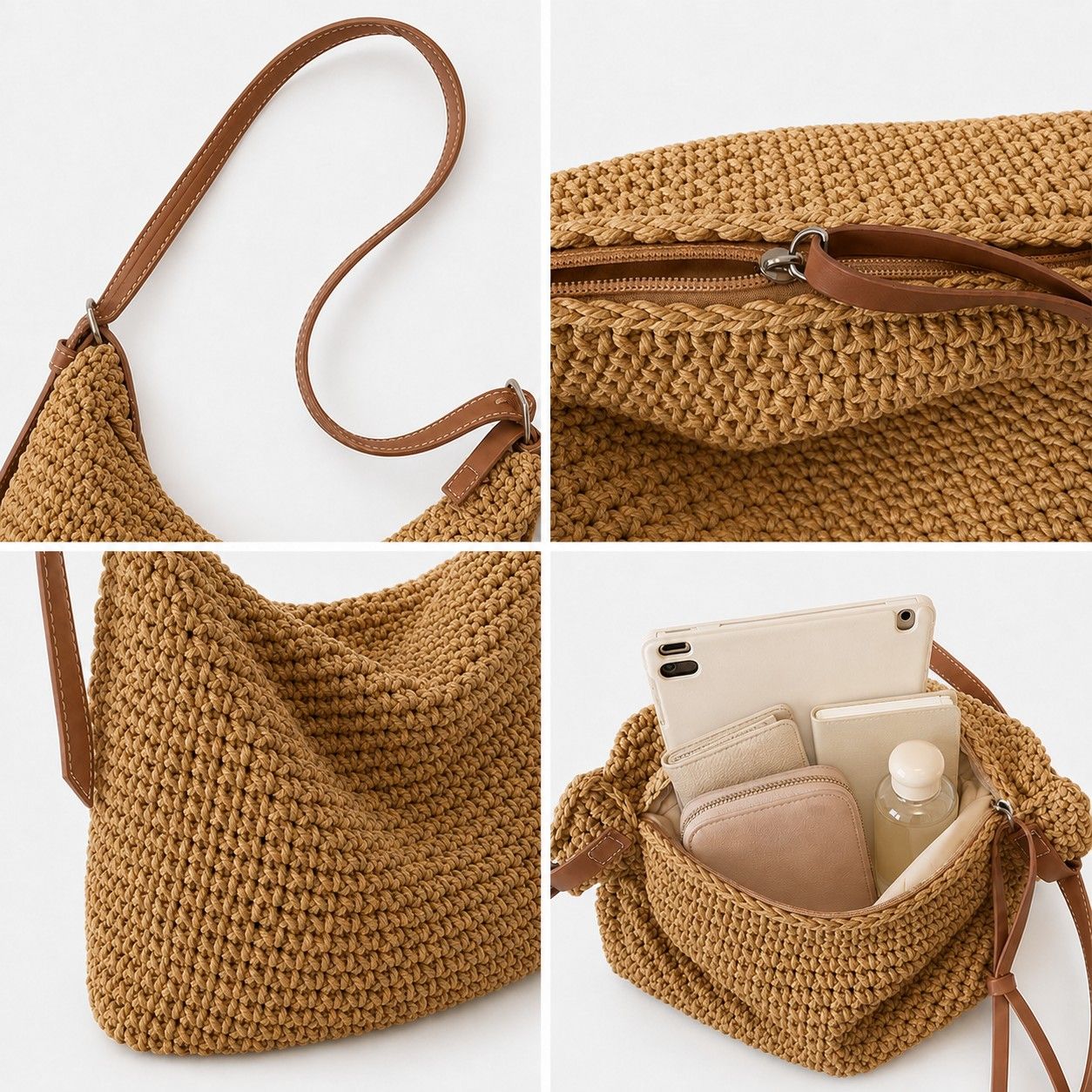 Woven Hobo Shoulder Crossbody Bag with Zip Closure and Slouchy Shape