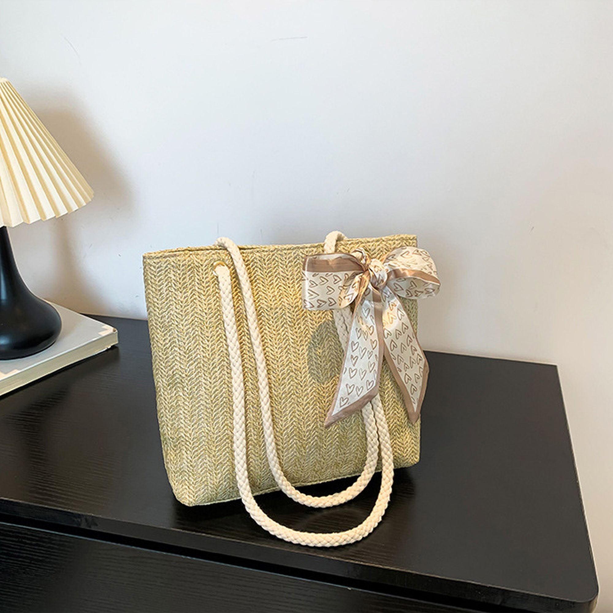 Anna-Kaci Women's Straw Woven Tote Bag with Bow Accent - Lightweight Summer Shoulder Bag