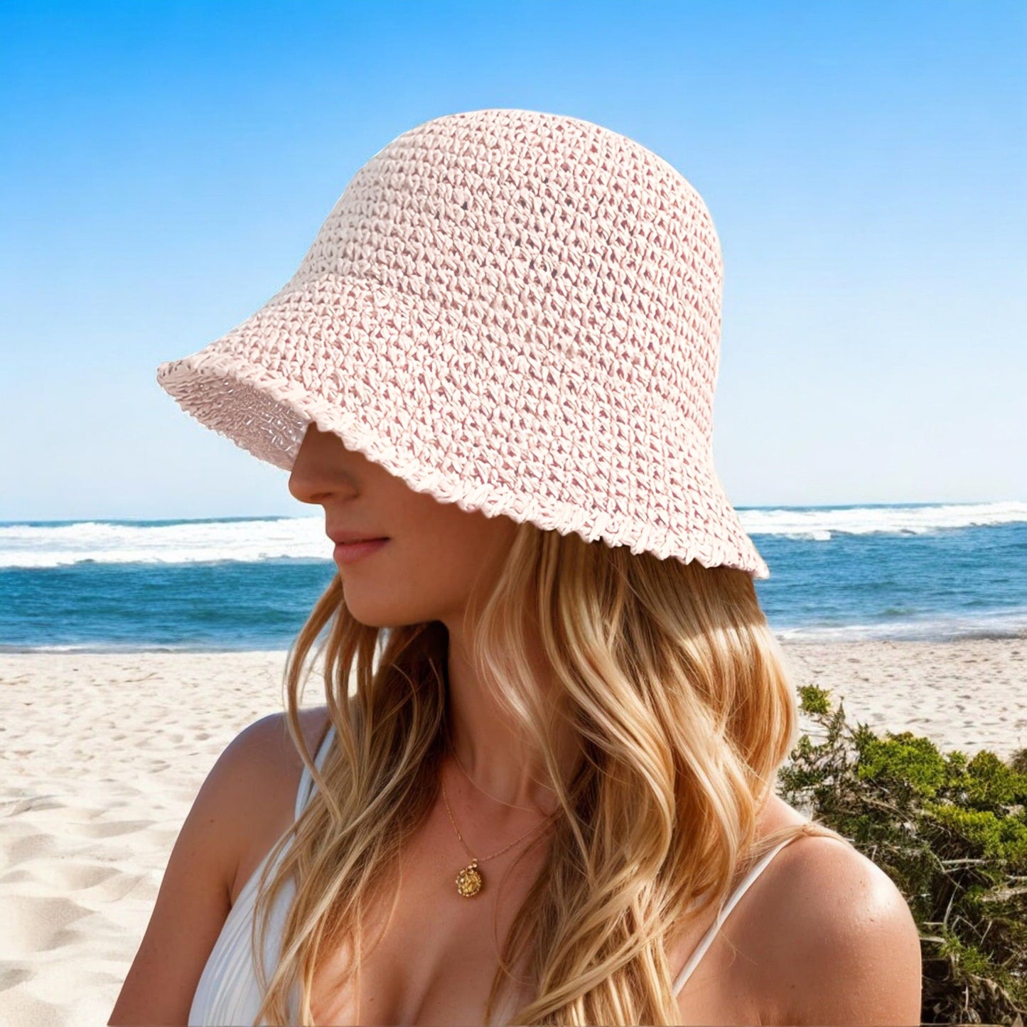 Anna-Kaci Crochet Raffia Bucket Hat Lightweight Foldable Wide Brim Sun Hat for Stylish Summer Protection