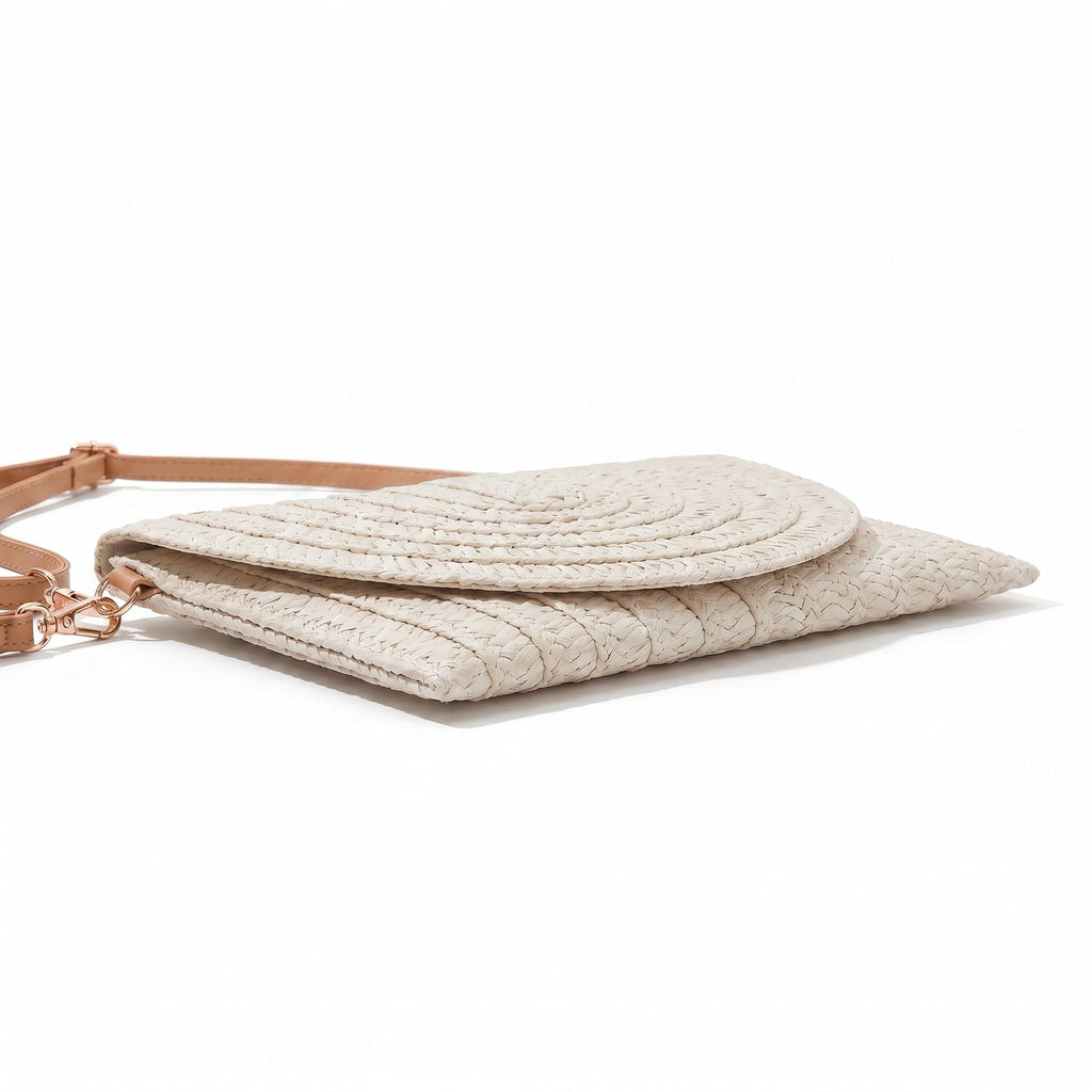 Woven Straw Crossbody Clutch Bag with Flap Closure Adjustable Strap Lightweight Shoulder Handbag