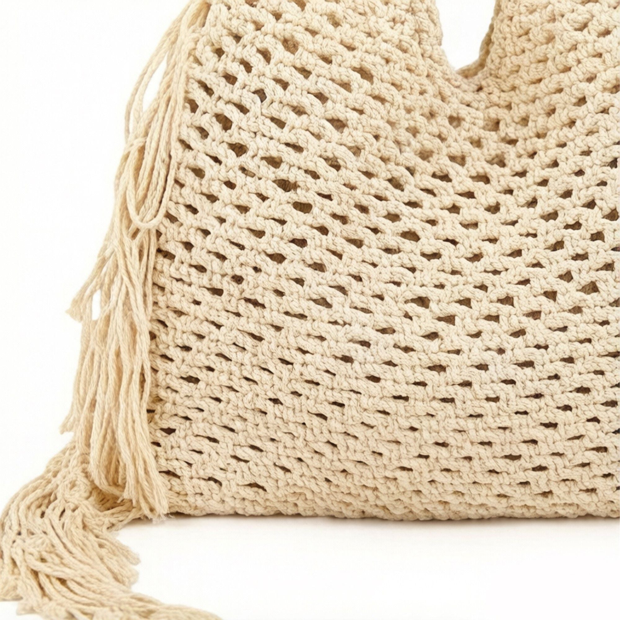 Woven Crochet Shoulder Bag with Fringe Detail Slouchy Hobo Style Lightweight Handbag