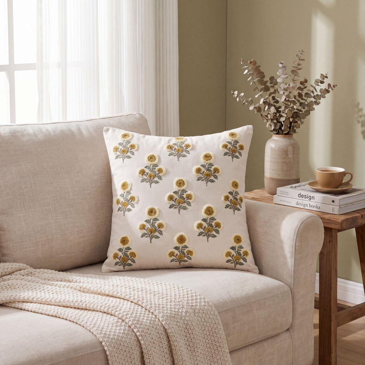 Square Floral Embroidered Throw Pillow Cover Textured Botanical Cushion