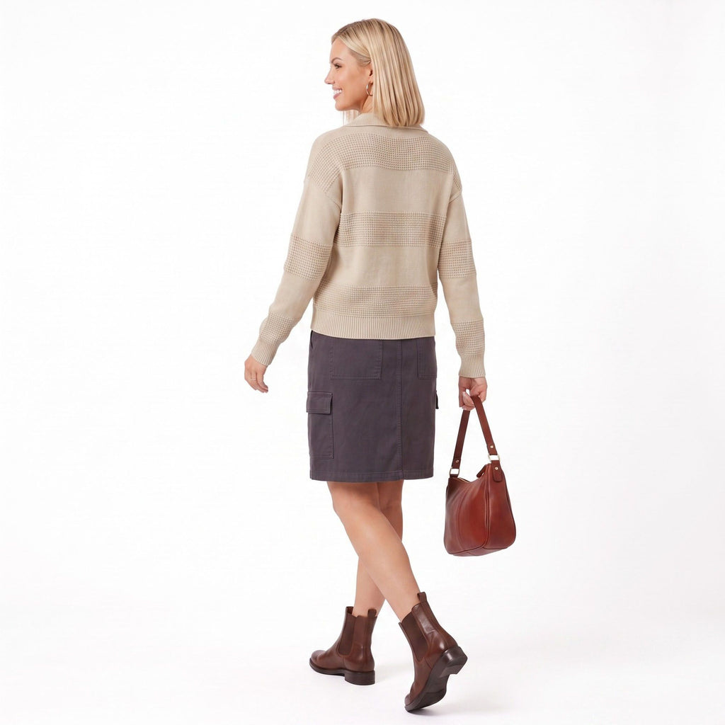 Textured Knit Polo Sweater Long Sleeve Collared Relaxed Fit Pullover
