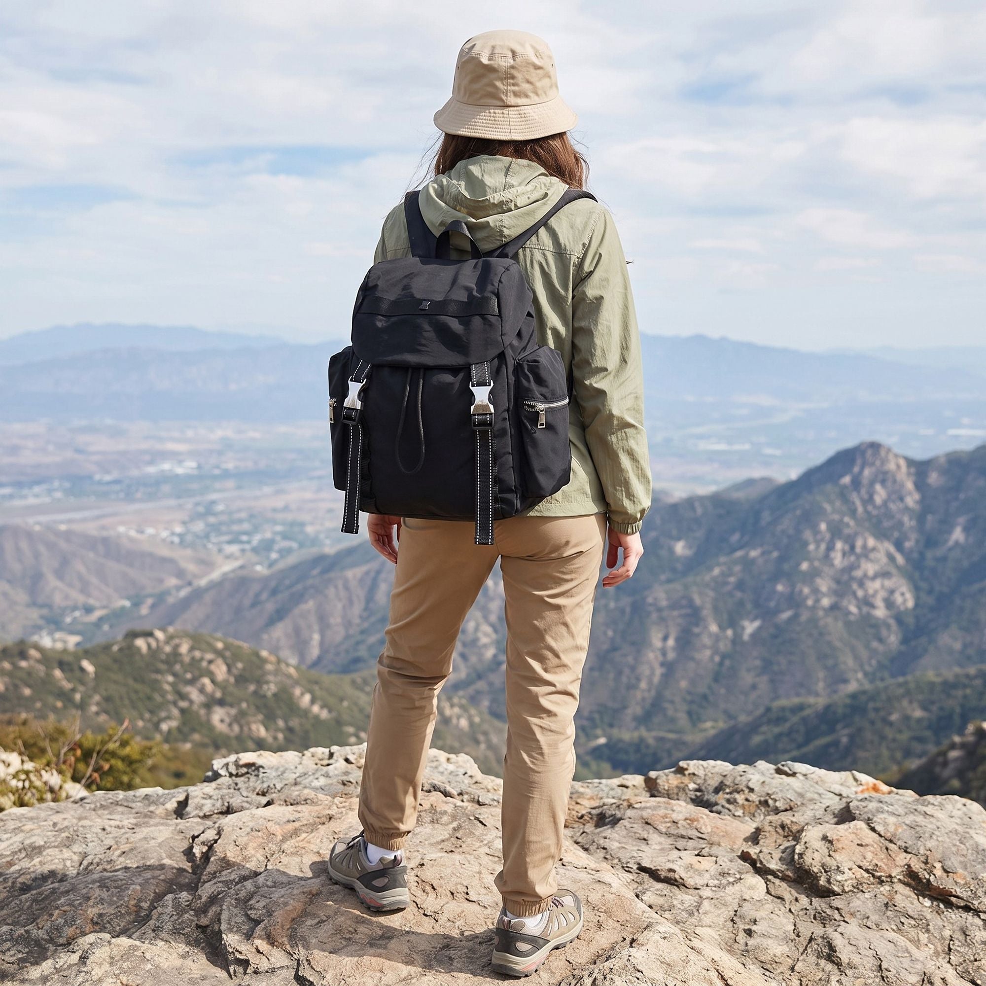 Flap Drawstring Backpack with Dual Buckle Straps and Zippered Side Pockets