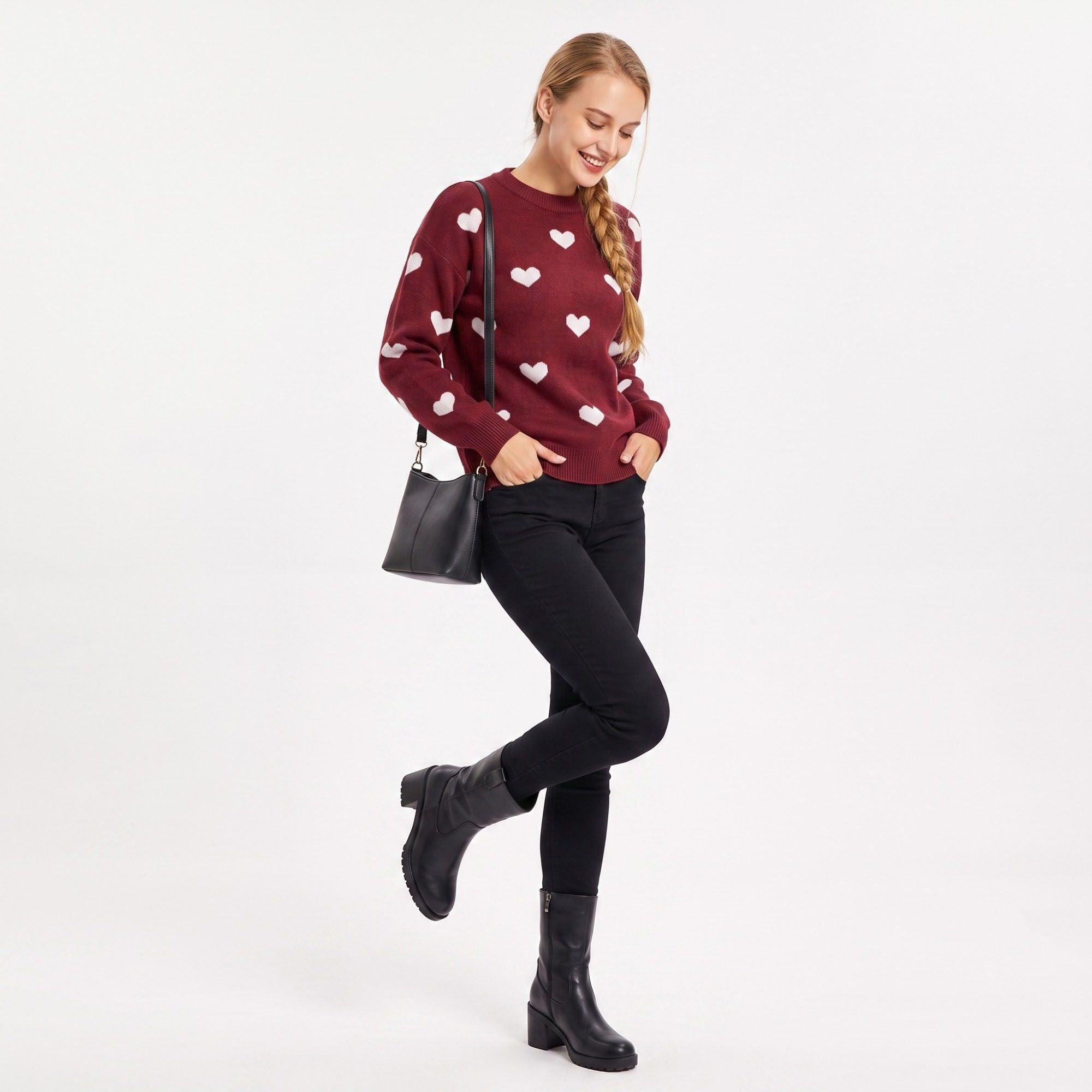 Heart Print Crew Neck Long Sleeve Knit Sweater