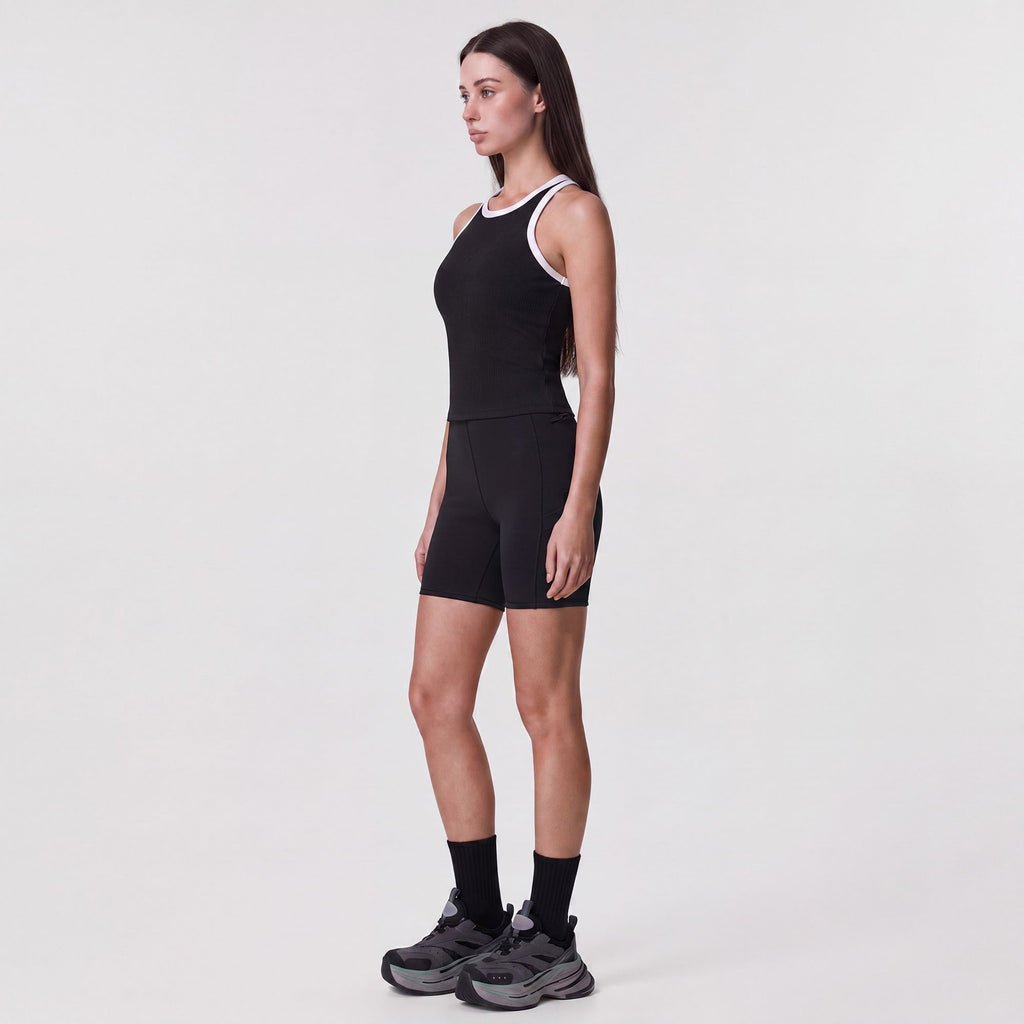 High Waist Ribbed Biker Shorts with Side Pocket and Adjustable Drawcord Detail