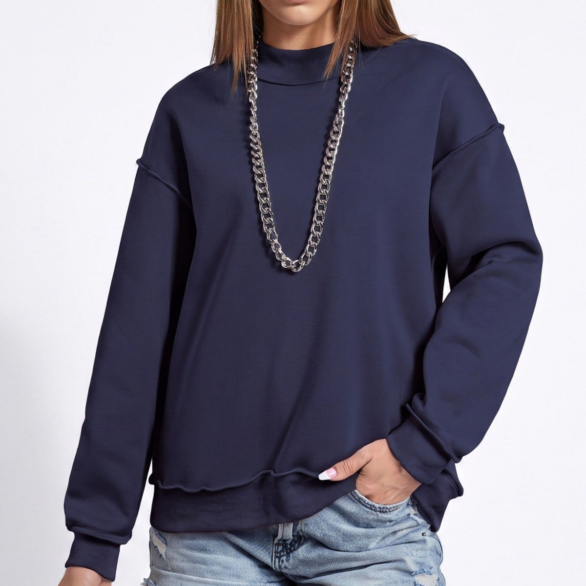 Exposed Seam Drop Shoulder Long Sleeve Pullover Sweatshirt
