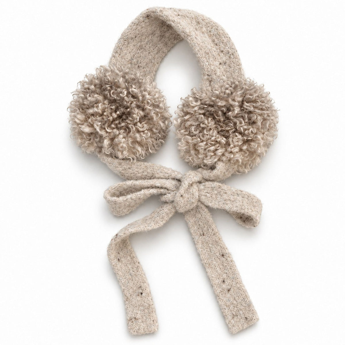 Curly Plush Winter Earmuffs with Speckled Knit Ties