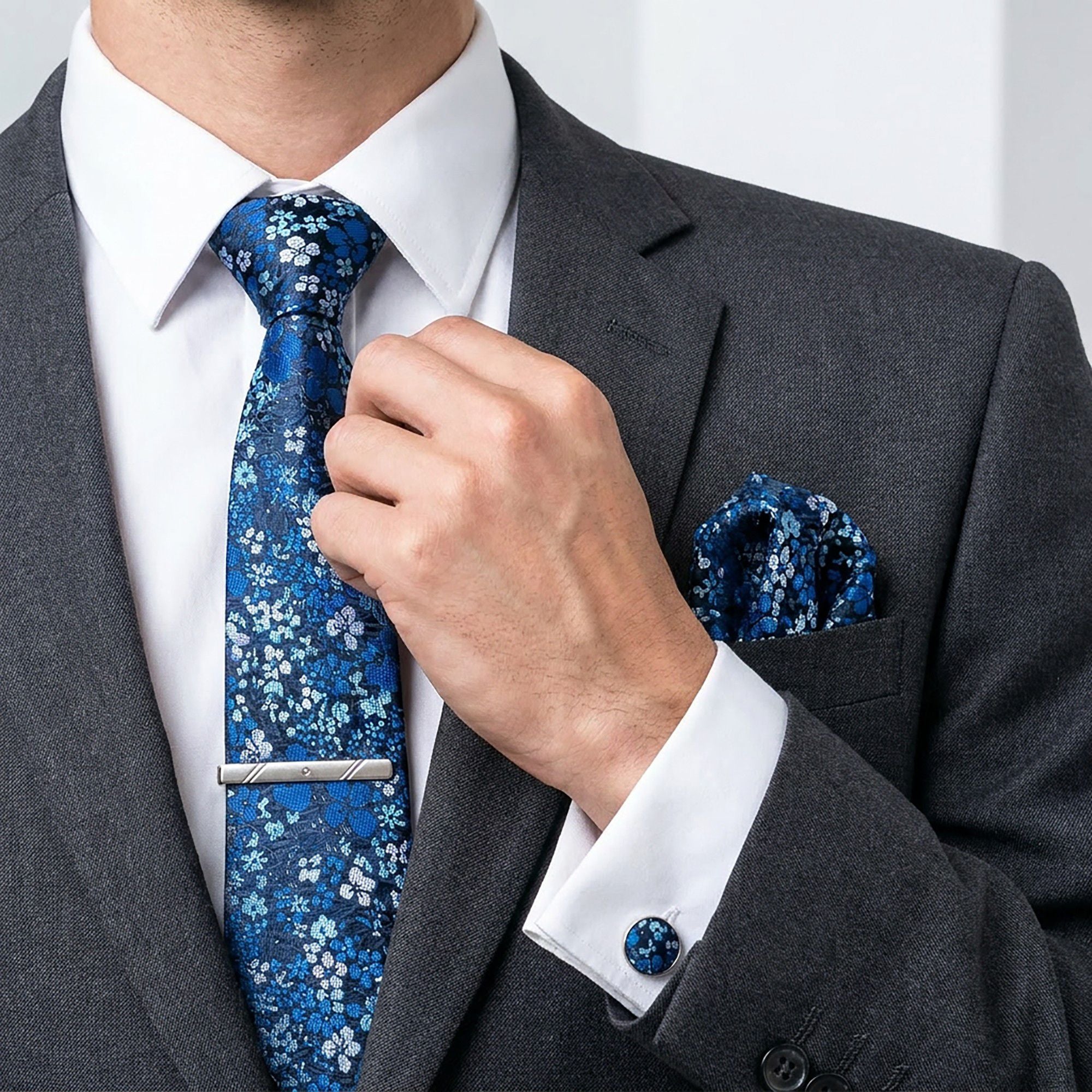 Men's Rose Floral Tie Gift Set with Matching Pocket Square Cufflinks and Silver Tie Clip