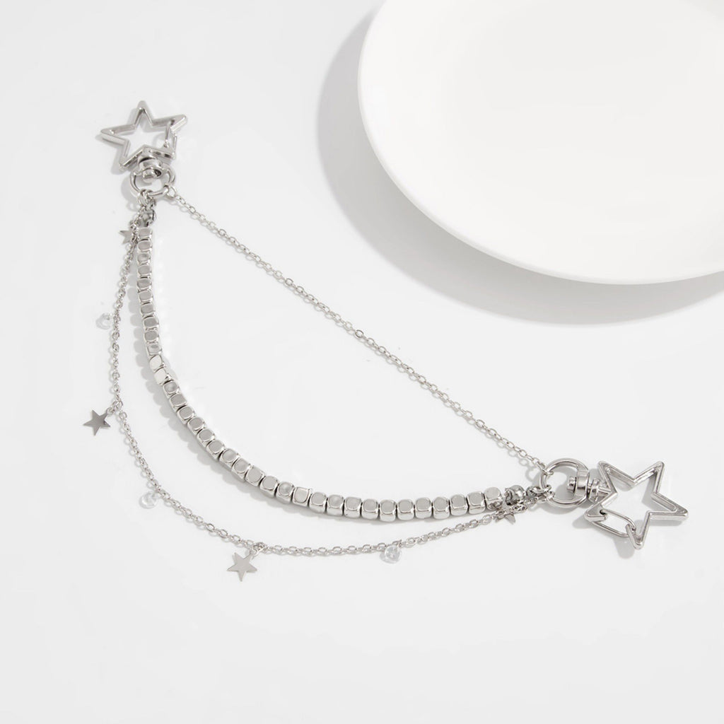Star Chain Bag Charm with Layered Silver Tone Chains Dual Clips for Jeans Bags and Keys