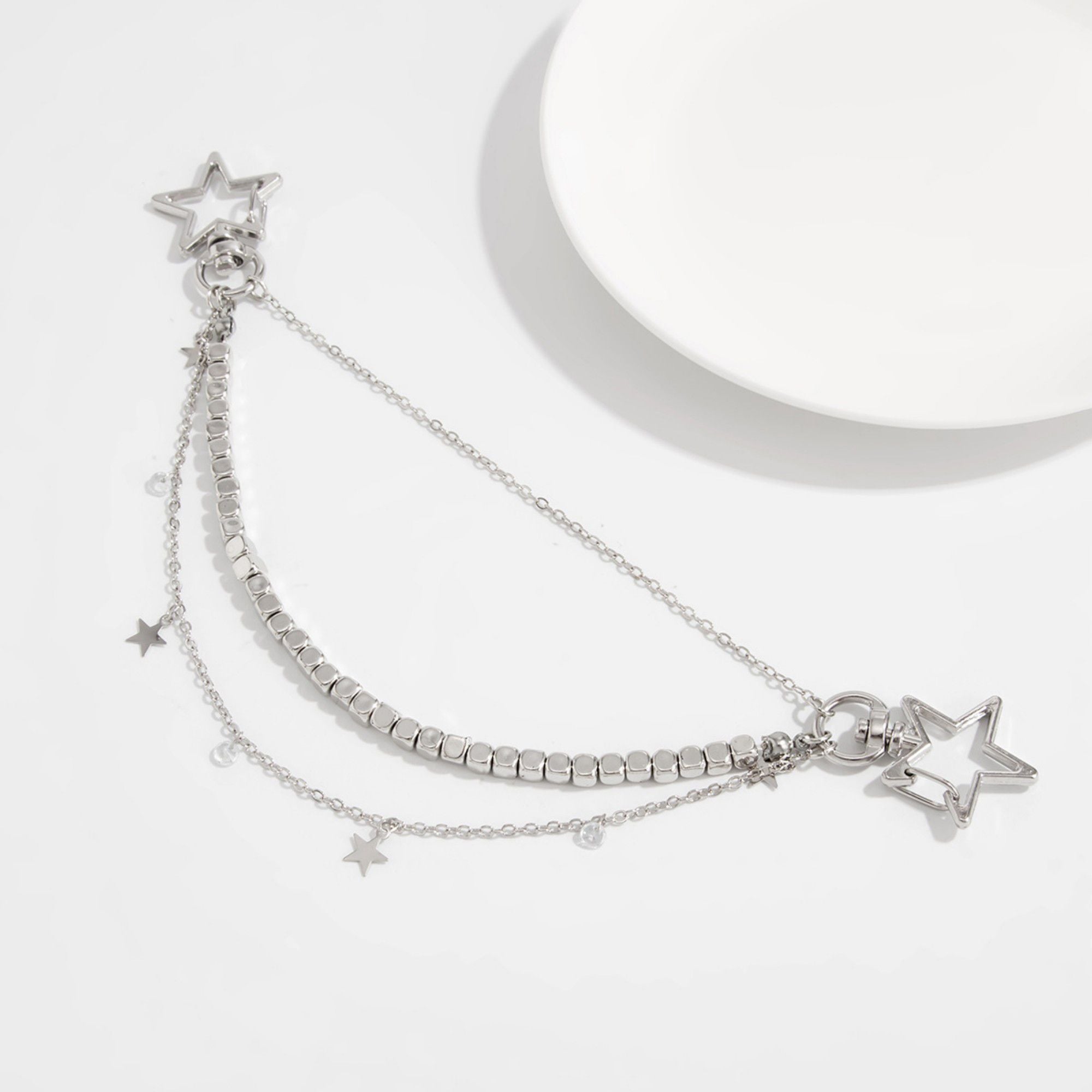 Star Chain Bag Charm with Layered Silver Tone Chains Dual Clips for Jeans Bags and Keys