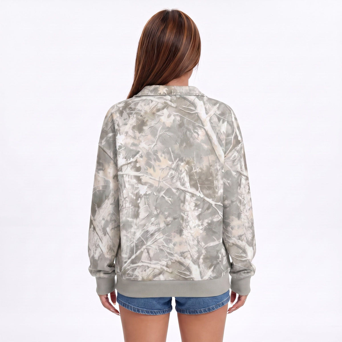 Camo Print Quarter Zip Long Sleeve Pullover Sweatshirt