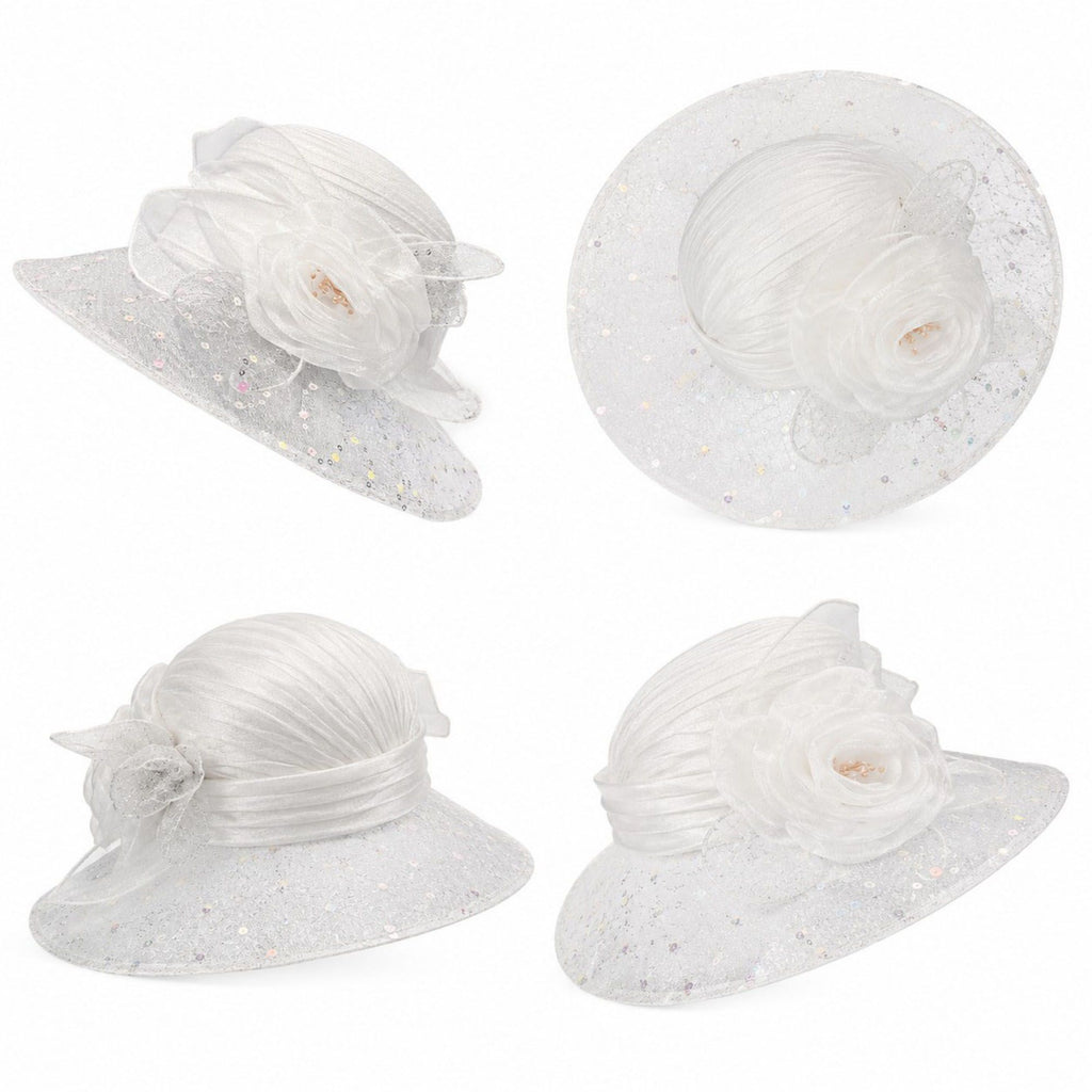 Wide Brim Floral Sun Hat with Sequin Mesh and Rose Accent