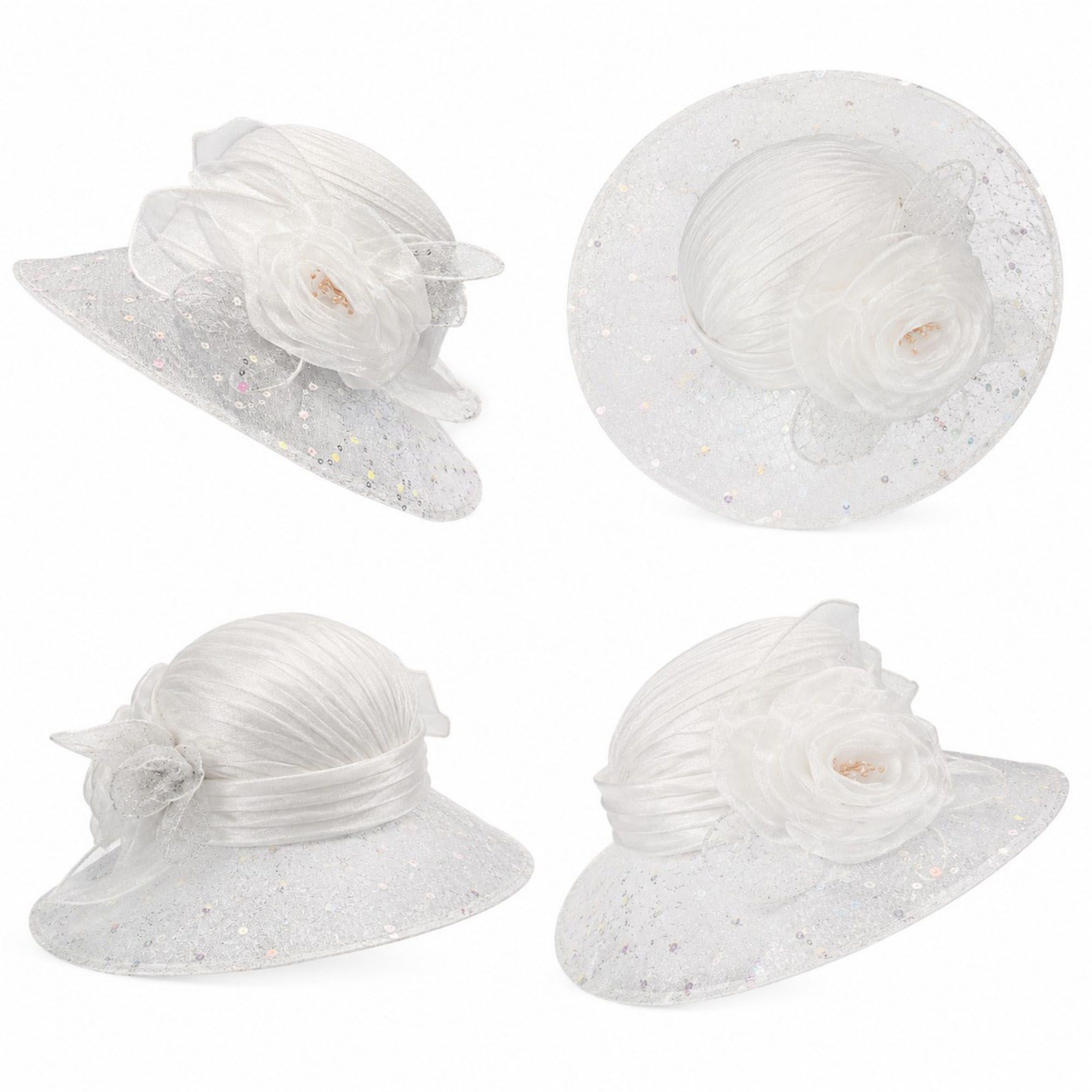 Wide Brim Floral Sun Hat with Sequin Mesh and Rose Accent