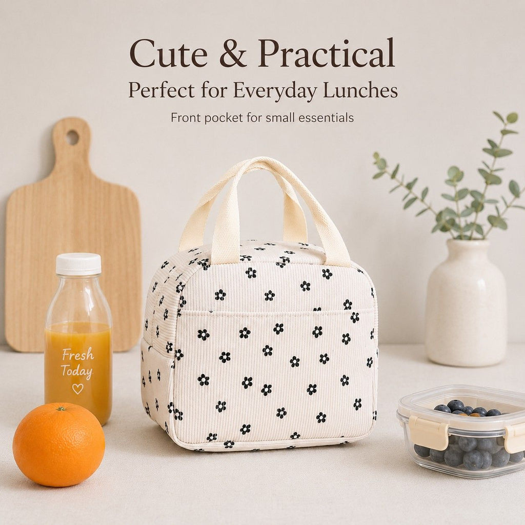 Floral Corduroy Insulated Lunch Tote Bag with Front Pocket and Zip Closure