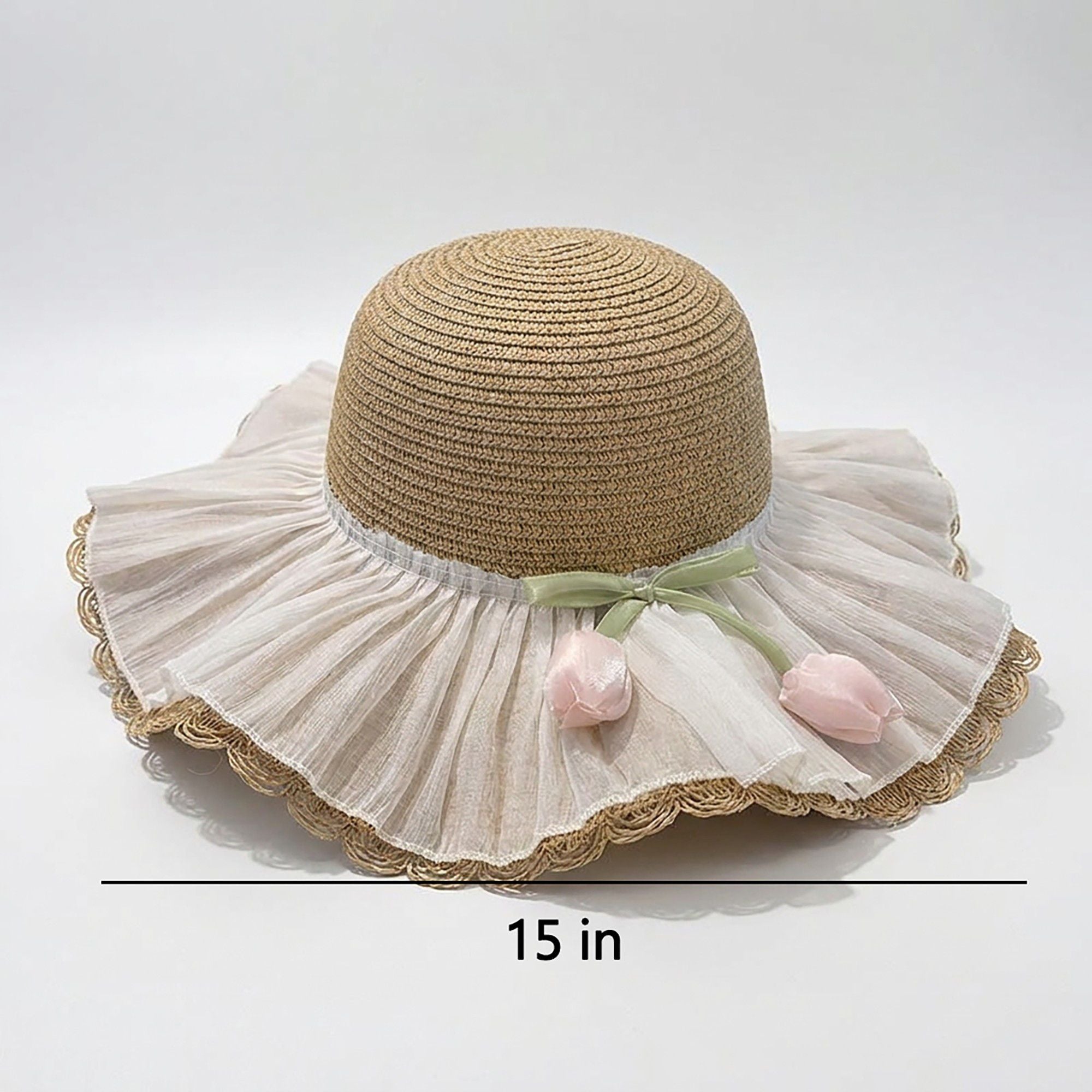 Wide Brim Straw Sun Hat with Pleated Sheer Brim Bow Accent and Floral Trim