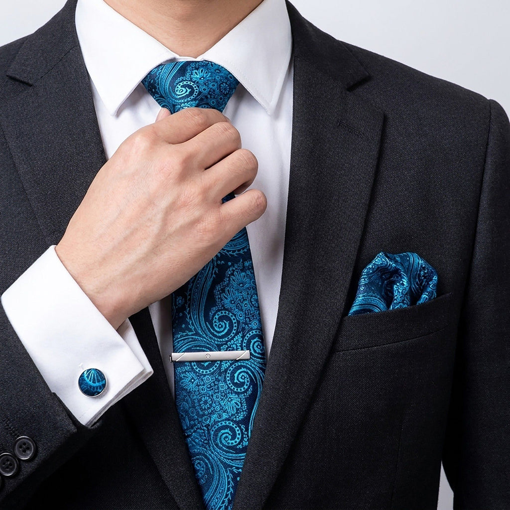 Men's Floral Pattern Tie Gift Set with Matching Pocket Square Cufflinks and Silver Tie Clip