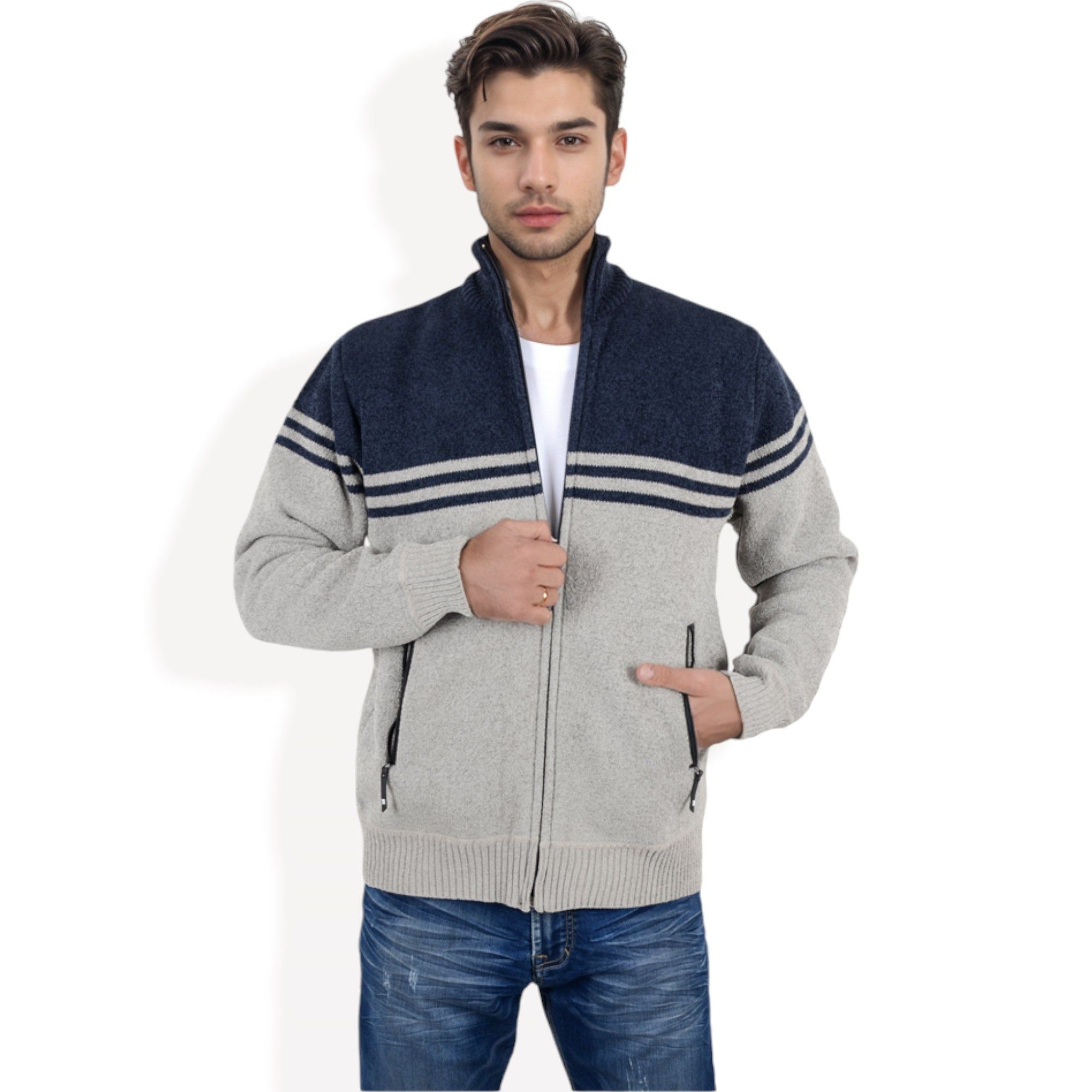 Anna-Kaci Men's Zip-Up Striped Fleece Jacket with High Collar and Front Pockets