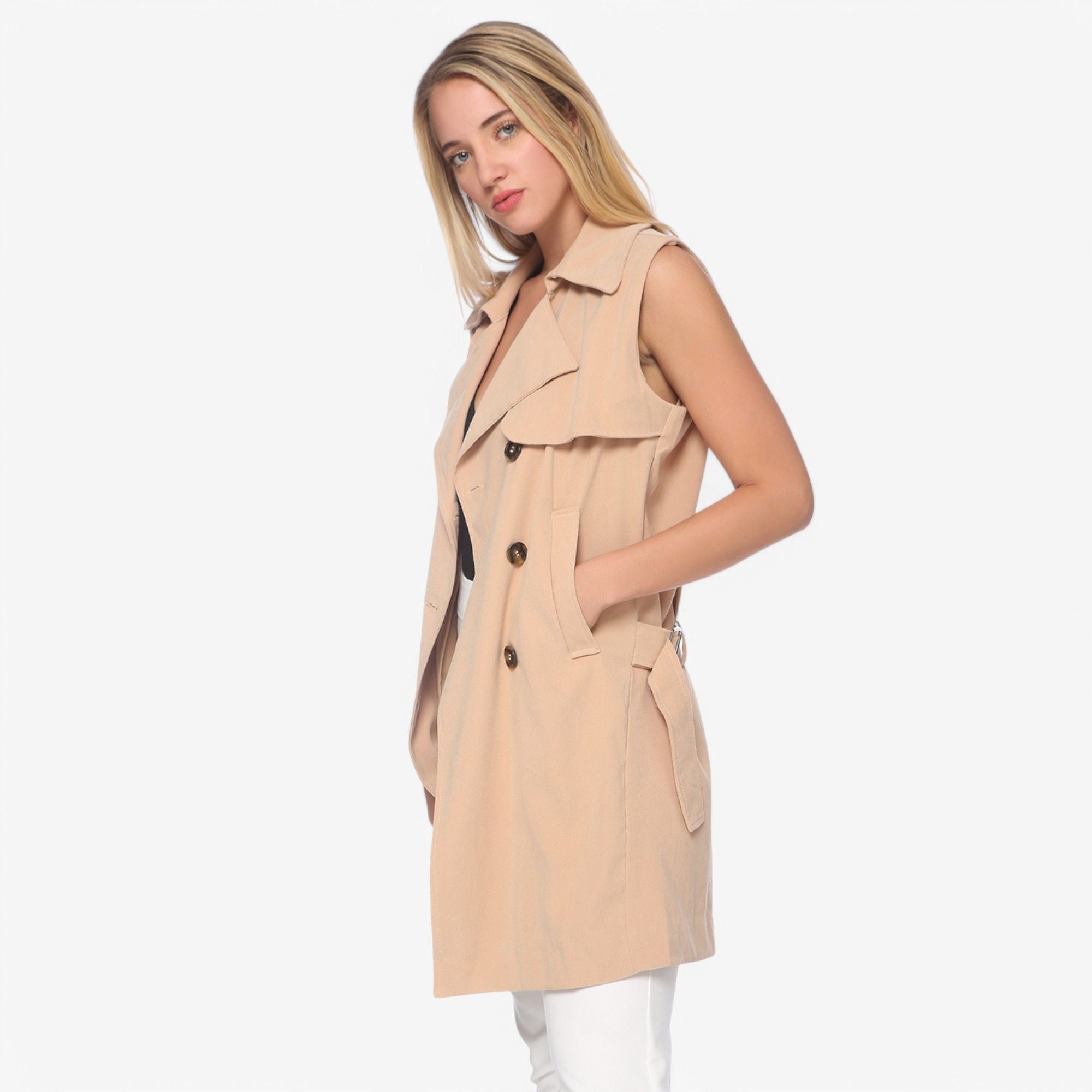 Anna-Kaci Women's Sleeveless Trench Coat with Button Front and Pocket Detail