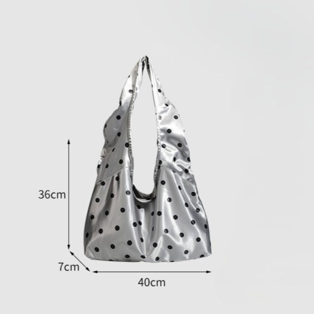 Silver Polka Dot Satin Tote Bag, Lightweight Slouchy Shoulder Bag for Women
