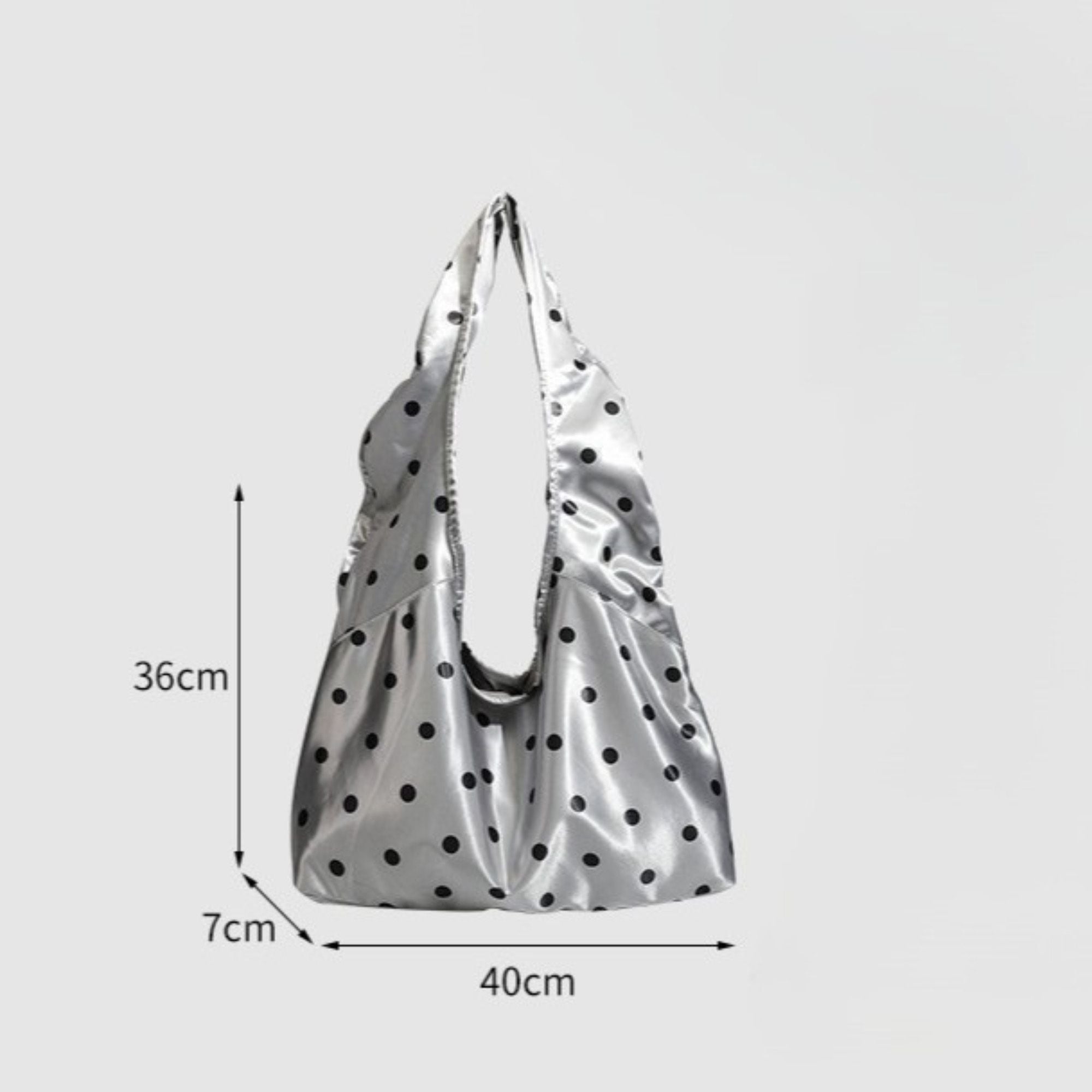 Silver Polka Dot Satin Tote Bag, Lightweight Slouchy Shoulder Bag for Women