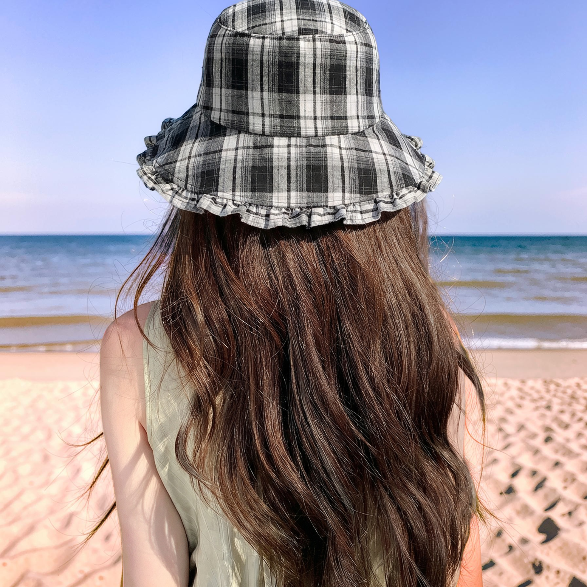 Anna-Kaci Women's Plaid Bucket Hat with Ruffle Brim Adjustable Sun Hat Lightweight Summer Beach Sun Hat