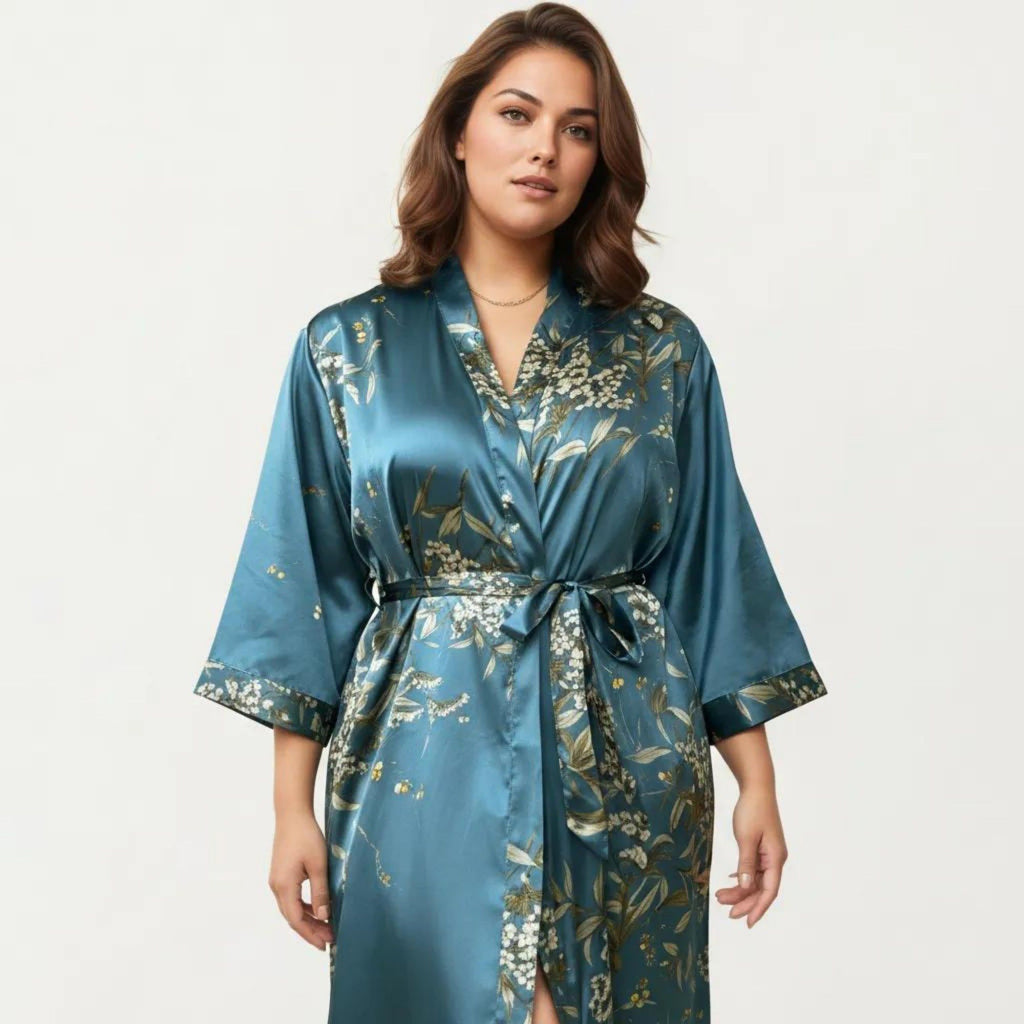 Anna-Kaci Lounge Women's Plus Size Satin Floral Kimono Robe with Self Tie Belt Longline Open Front Lightweight Sleepwear