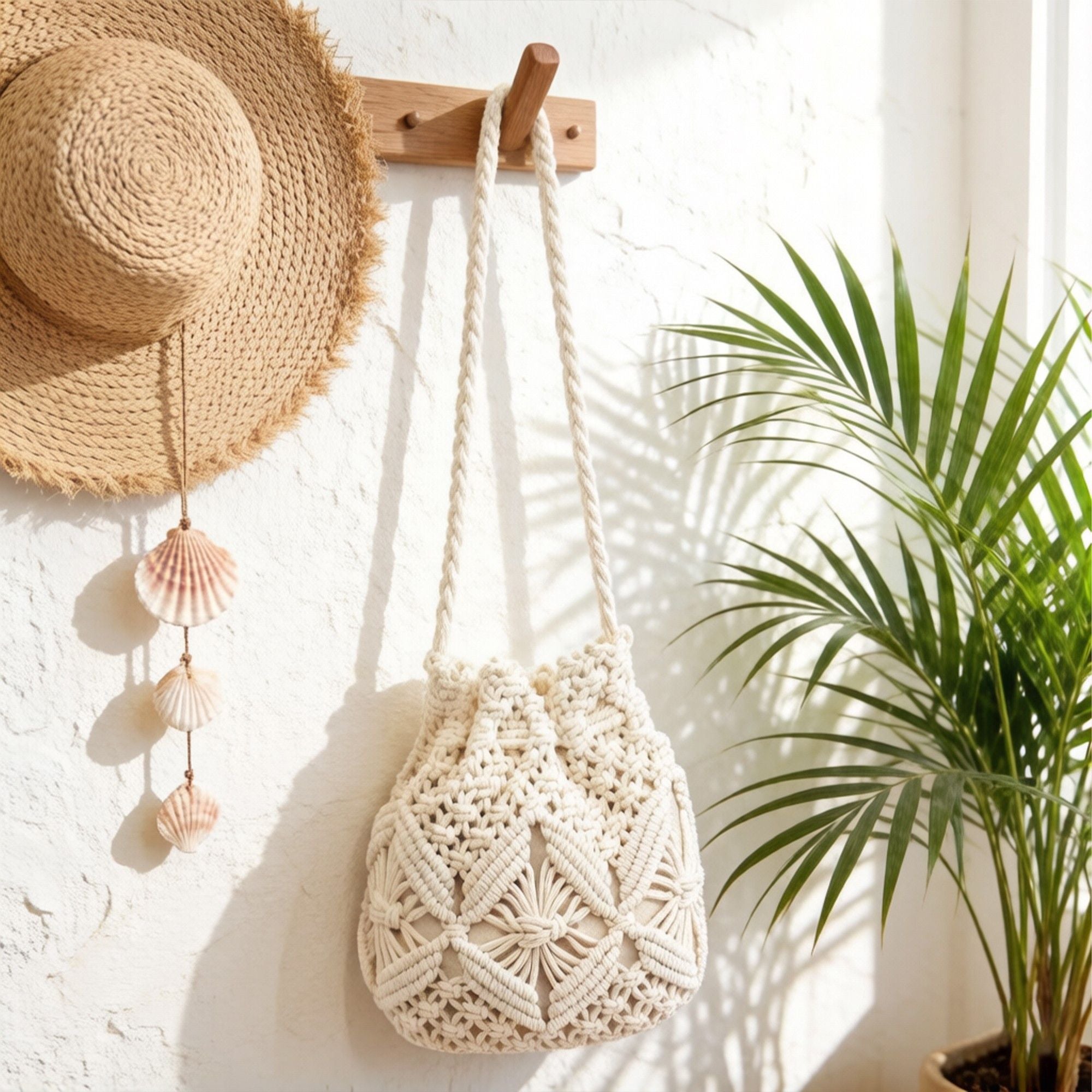 Macrame Bucket Bag Knotted Rope Handbag Drawstring Shoulder Bag Textured Woven Crossbody Style Lightweight Boho Purse
