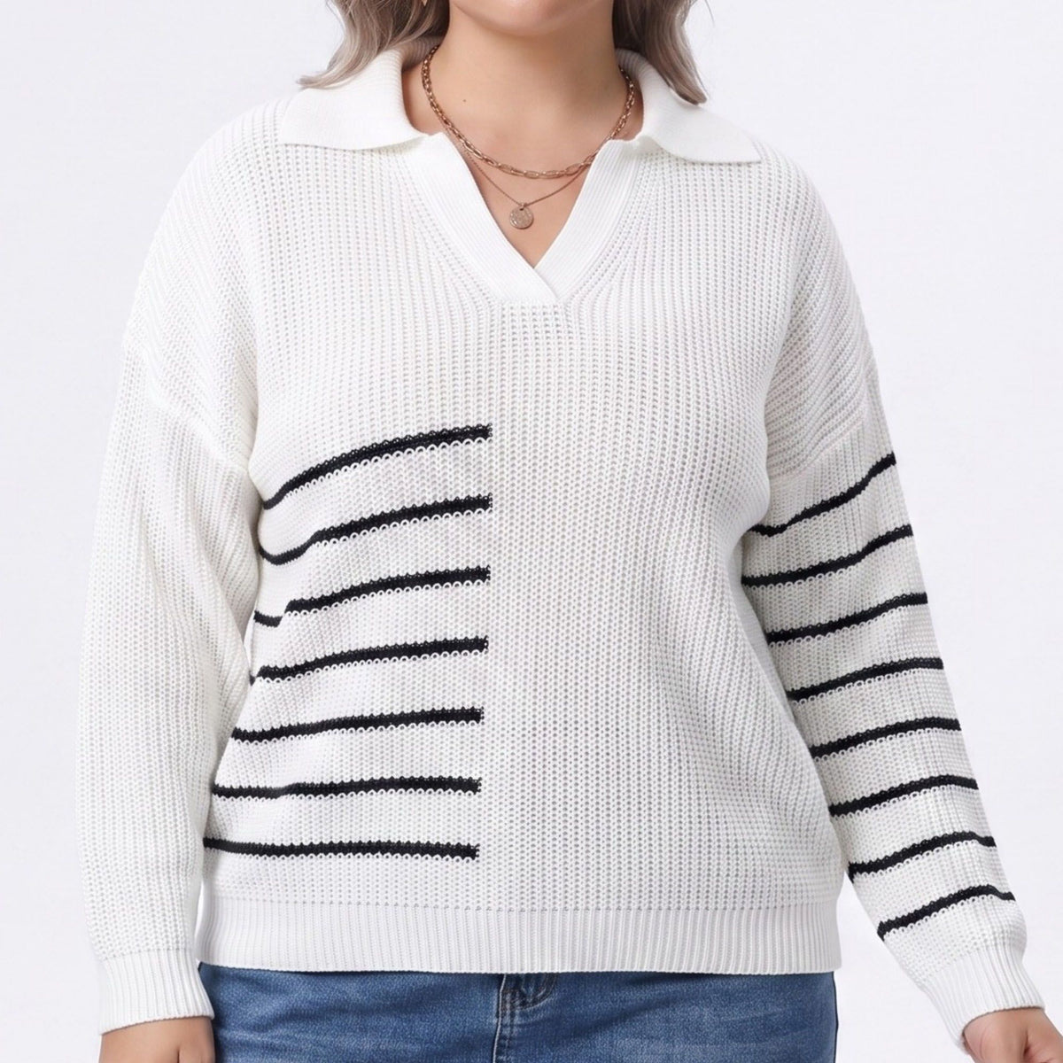 Plus Size Striped Johnny Collar Knit Sweater