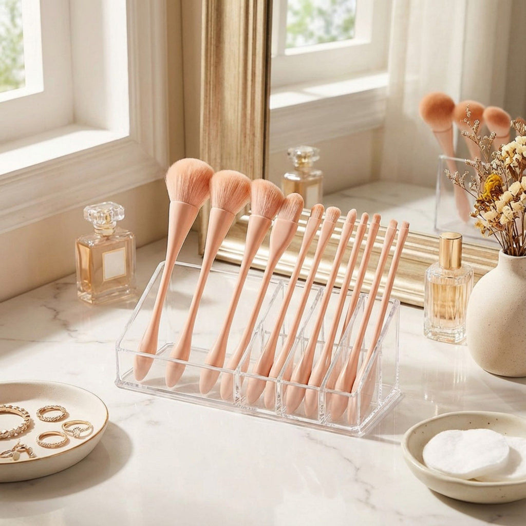 9 Piece Makeup Brush Set with Soft Synthetic Bristles and Travel Storage Pouch for Face and Eye Makeup