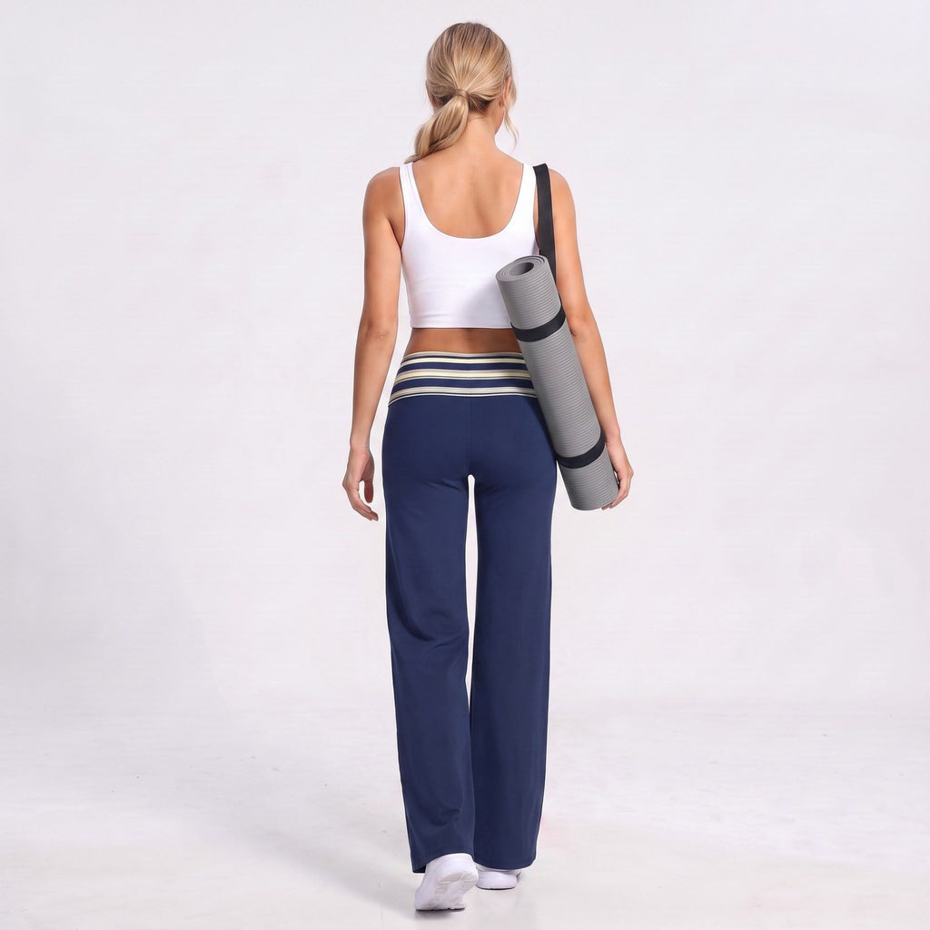 Striped Foldover Waist Wide Leg Yoga Pants Full Length Flowy Workout Trousers