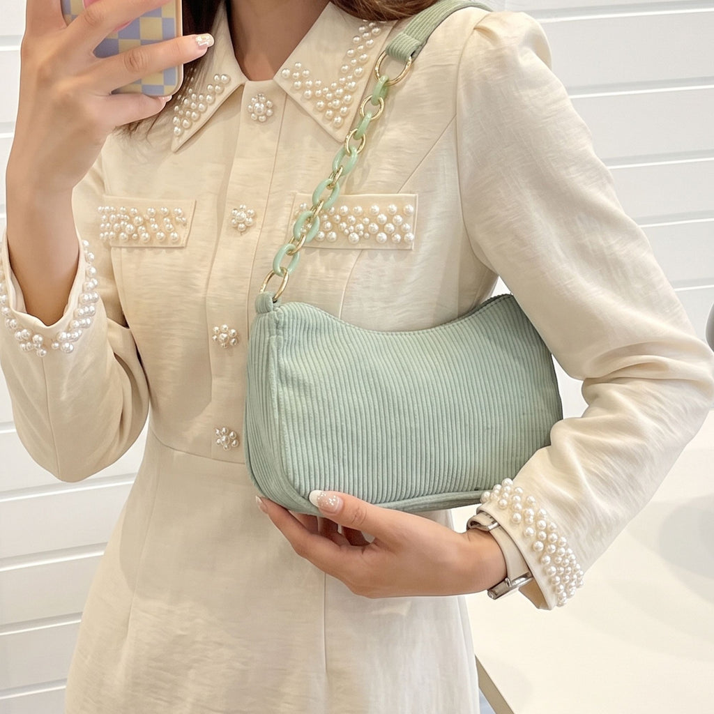 Small Corduroy Shoulder Bag with Mixed Chain Strap and Zip Closure