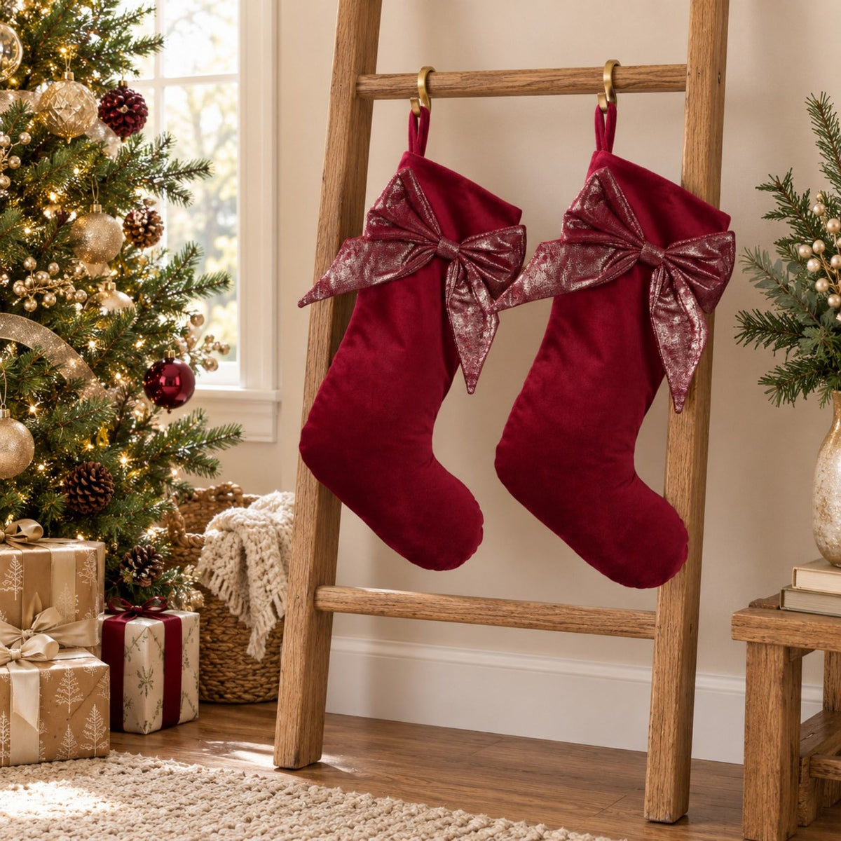 2 Pack 18 Inch Christmas Stockings with Oversized Bow Hanging Loop Holiday Mantel Decor