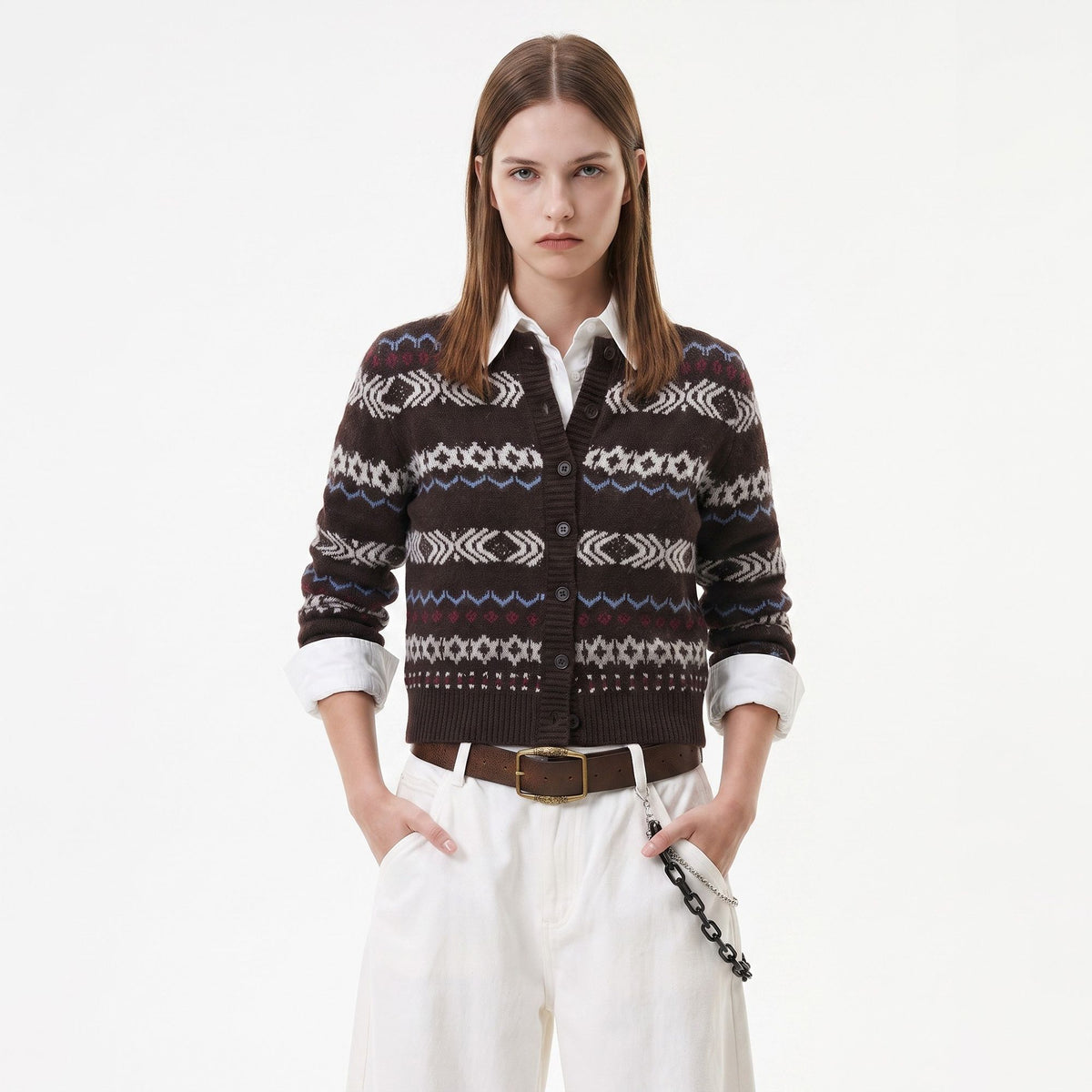 Geometric Pattern Button Front Knit Cardigan Sweater