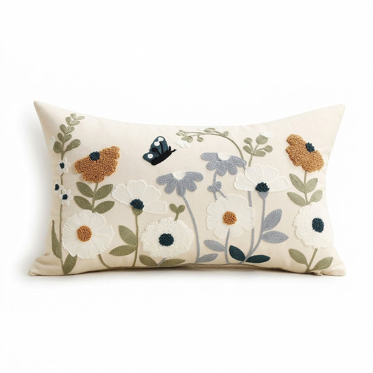Embroidered Floral Butterfly Lumbar Decorative Throw Pillow Cover