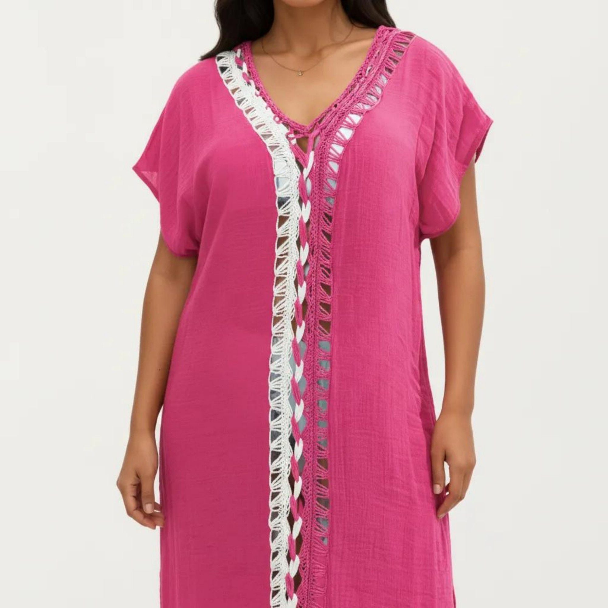 Anna-Kaci Women's Maxi Swim Cover Up Dress with Crochet Trim V Neck Short Sleeves Relaxed Lightweight Fit