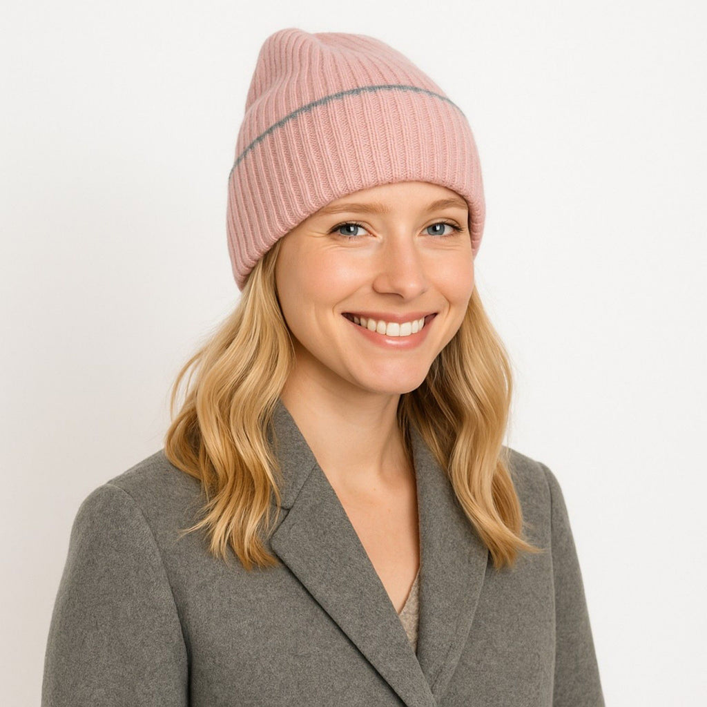 Anna-Kaci Women's Ribbed Knit Beanie Hat with Contrast Trim and Folded Cuff