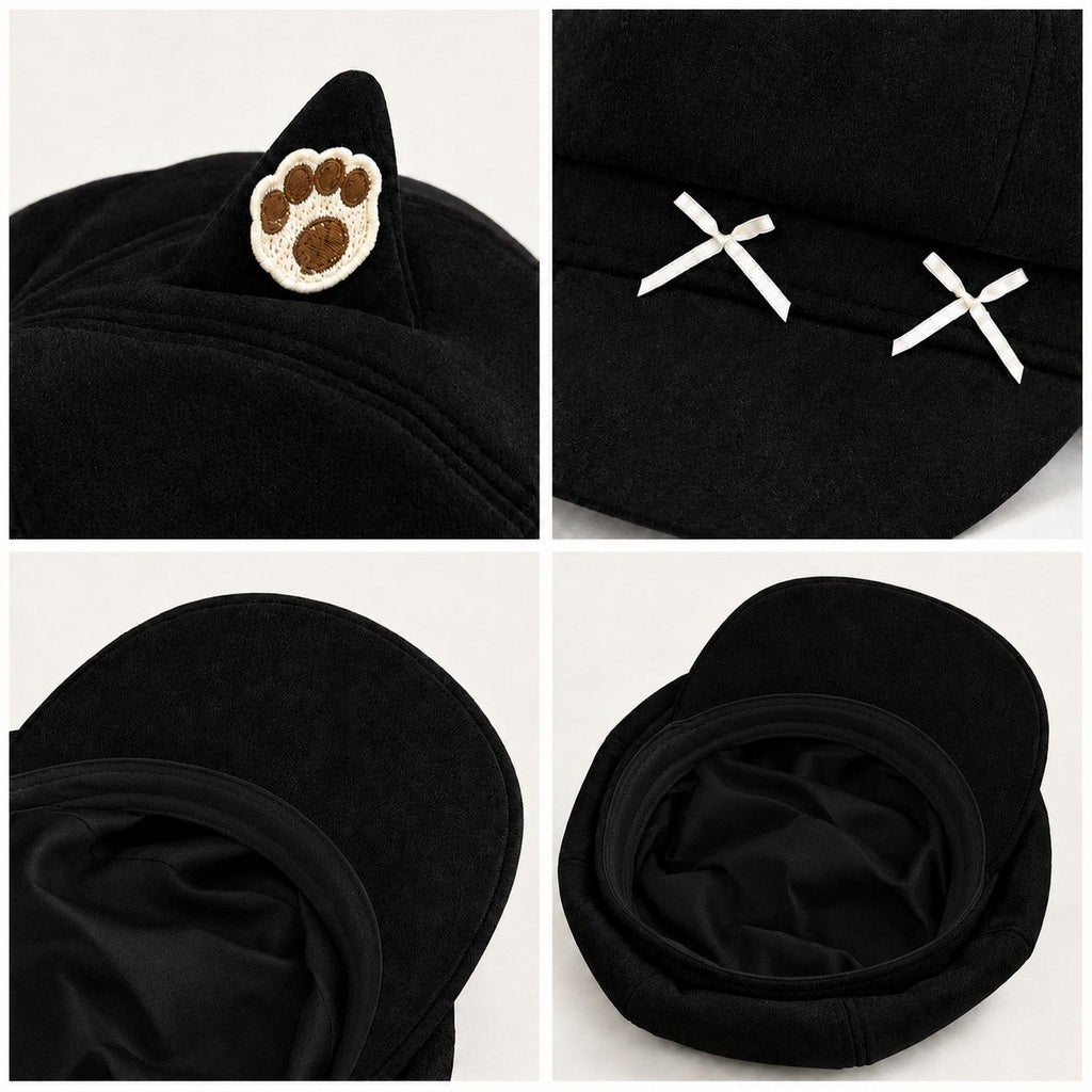 Cat Ear Newsboy Cap Cute Baker Boy Hat Bow Detail Short Brim Casual Style